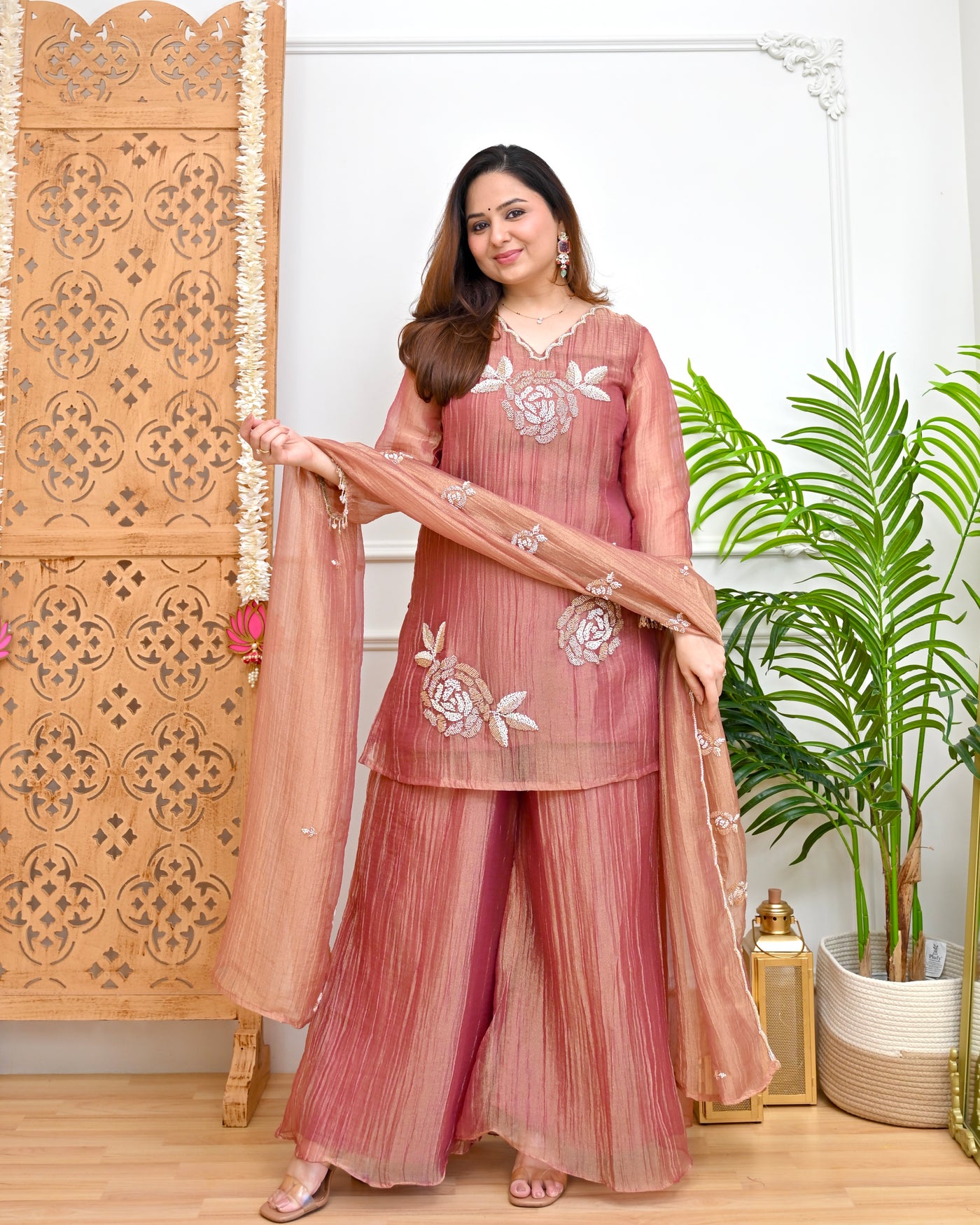 Rosewood Bloom Shimmer Crush Handwork Festive Suit