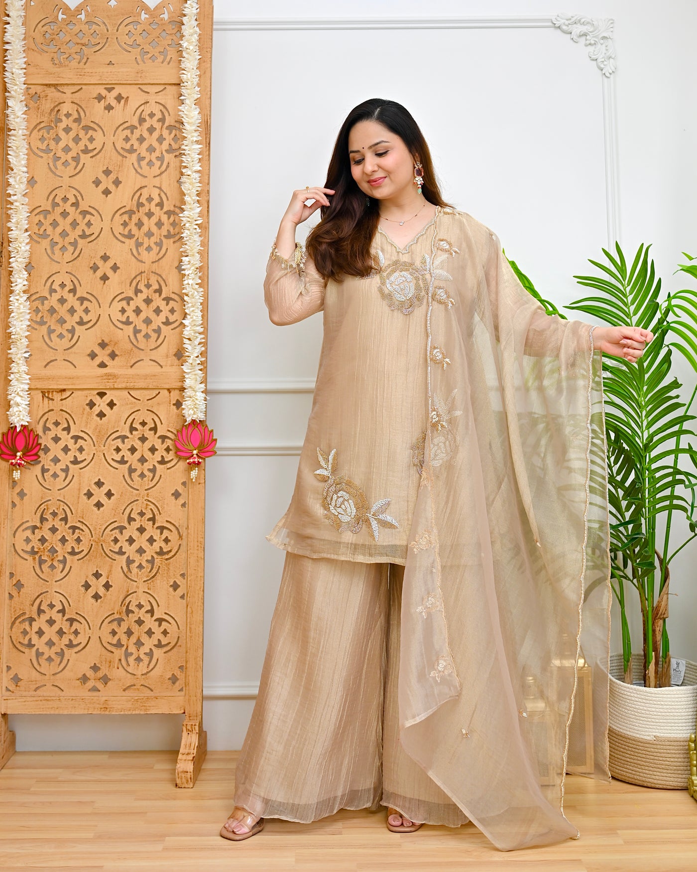 Vanilla Rose Shimmer Crush Handwork Festive Suit