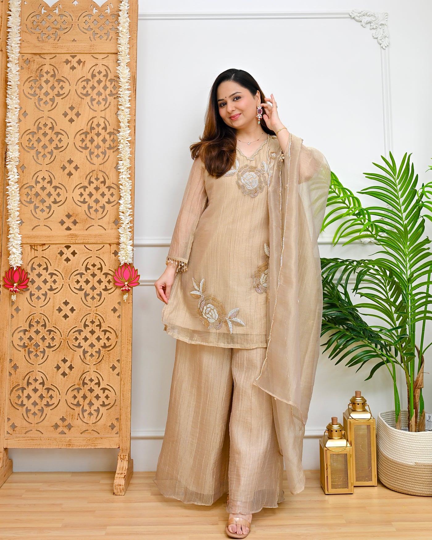 Vanilla Rose Shimmer Crush Handwork Festive Suit