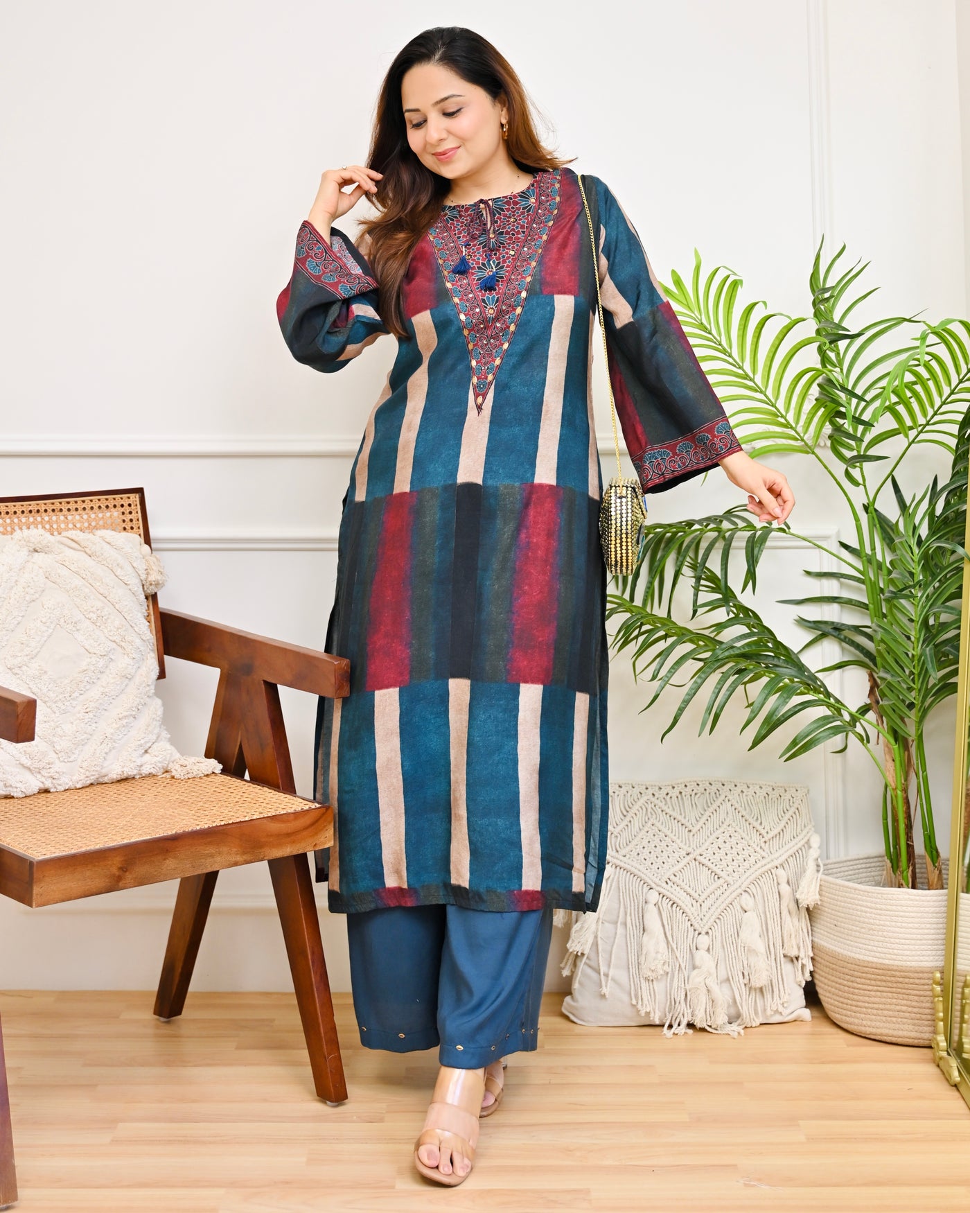 Teal Reverie Stripes Bohemian Kurta Set