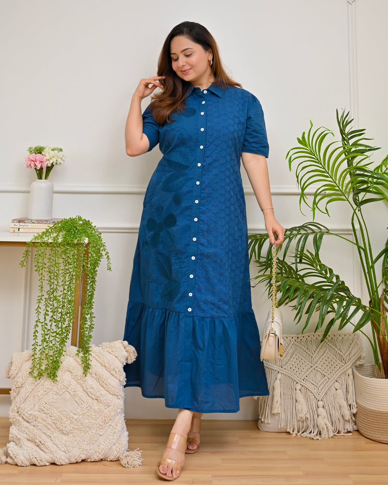 Sapphire Blue Garden Schiffli Work Pure Cotton Maxi Dress For Women – Label Madhuri Thakkar