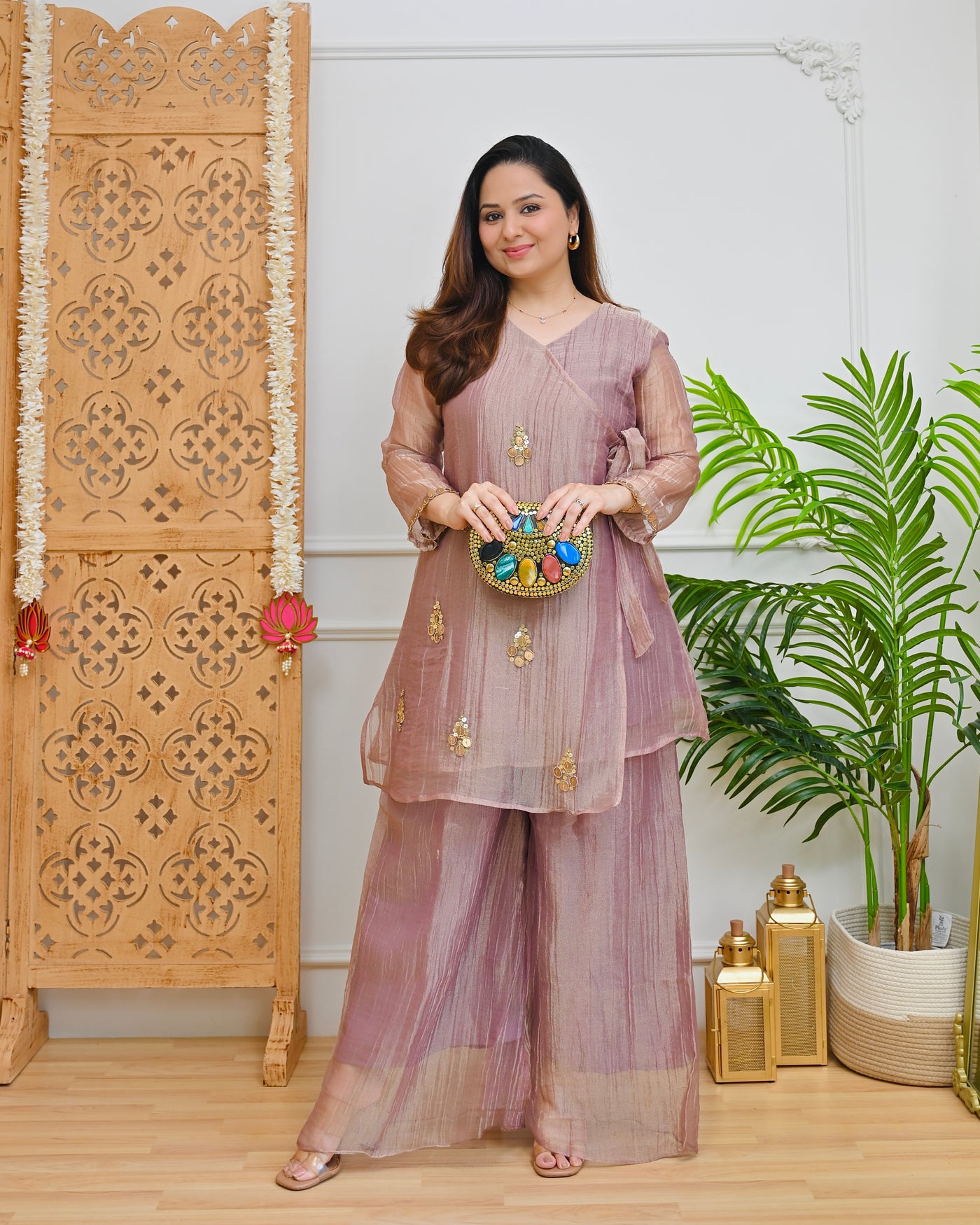 Dusty Mauve Zareen Crush Tissue Handwork Co-ord