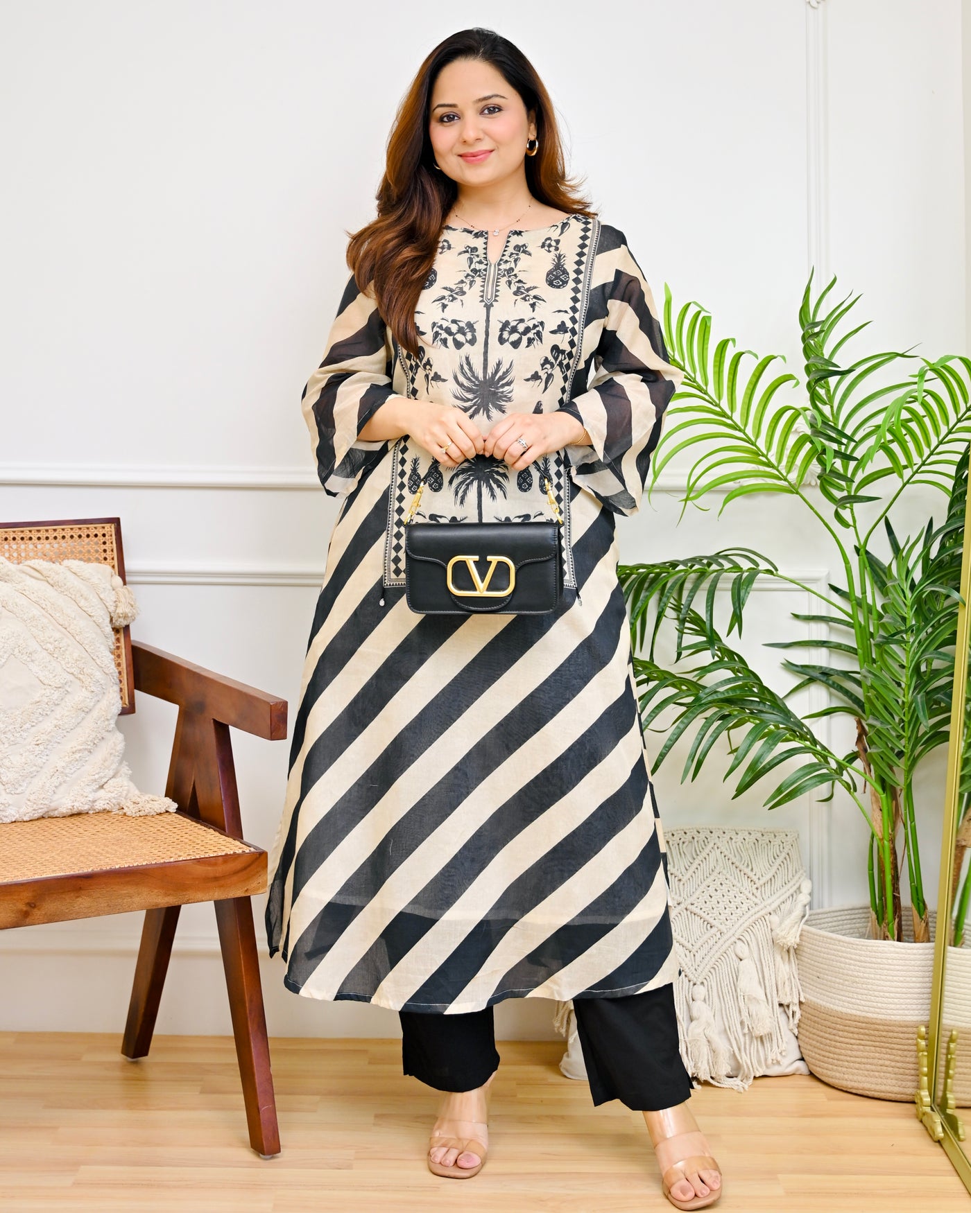 Monochrome Muse Stripes Mul Cotton A Line Kurta Set