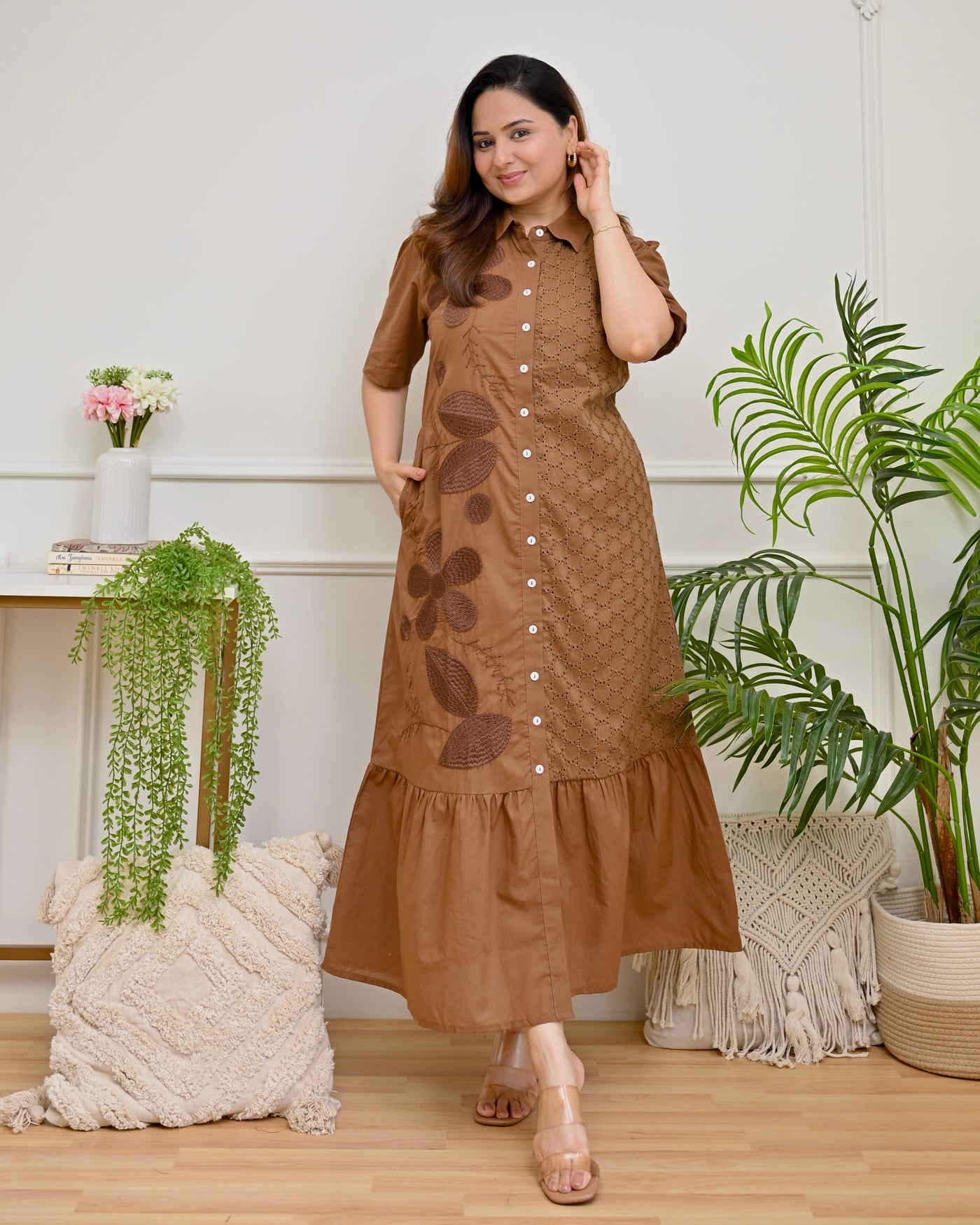 Caramel Brown Garden Schiffli Work Pure Cotton Maxi Dress For Women – Label Madhuri Thakkar