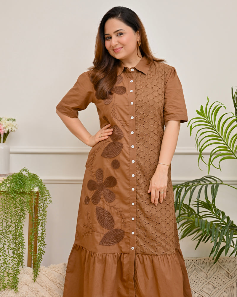Caramel Brown Garden Schiffli Work Pure Cotton Maxi Dress For Women – Label Madhuri Thakkar