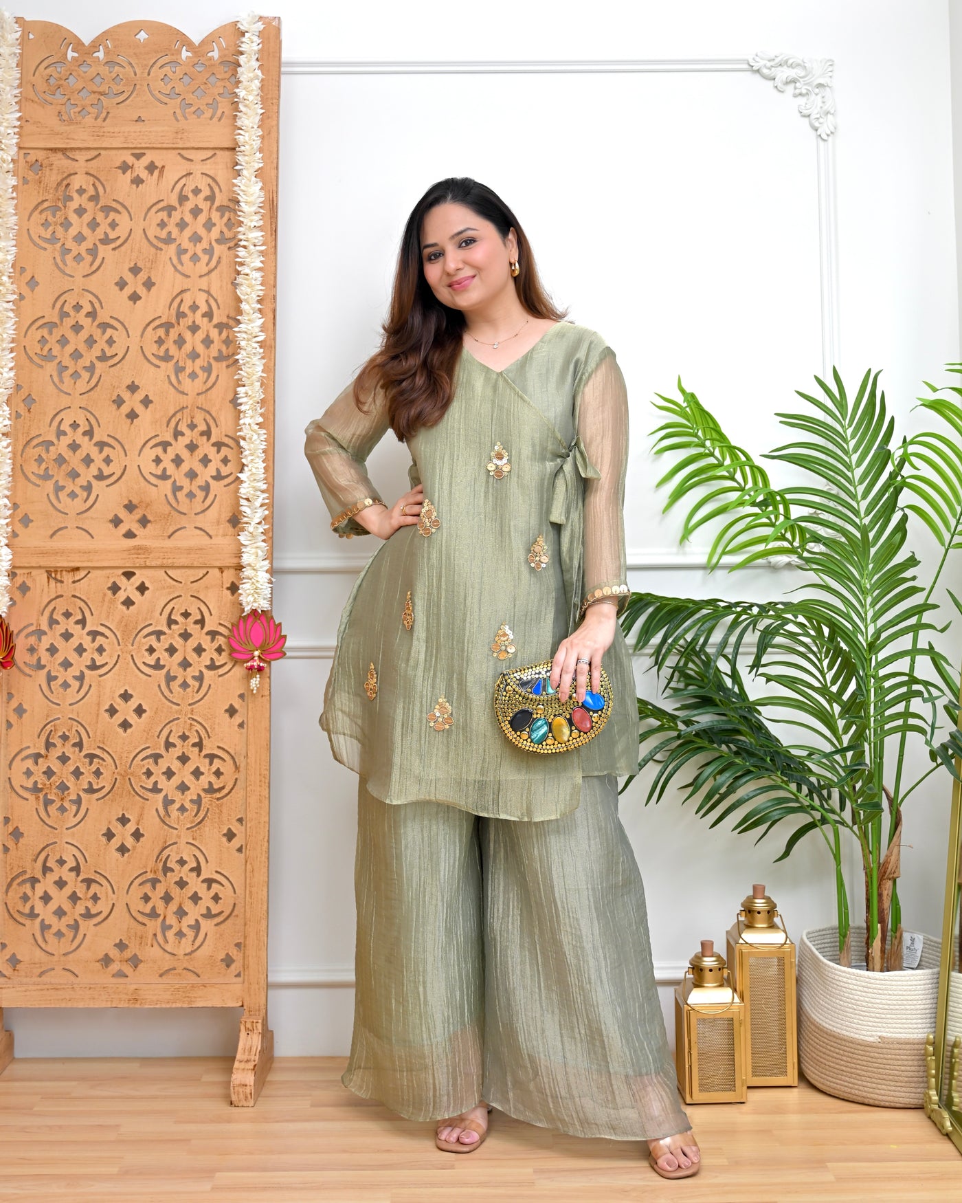 Sage Green Zareen Crush Tissue Handwork Co-ord