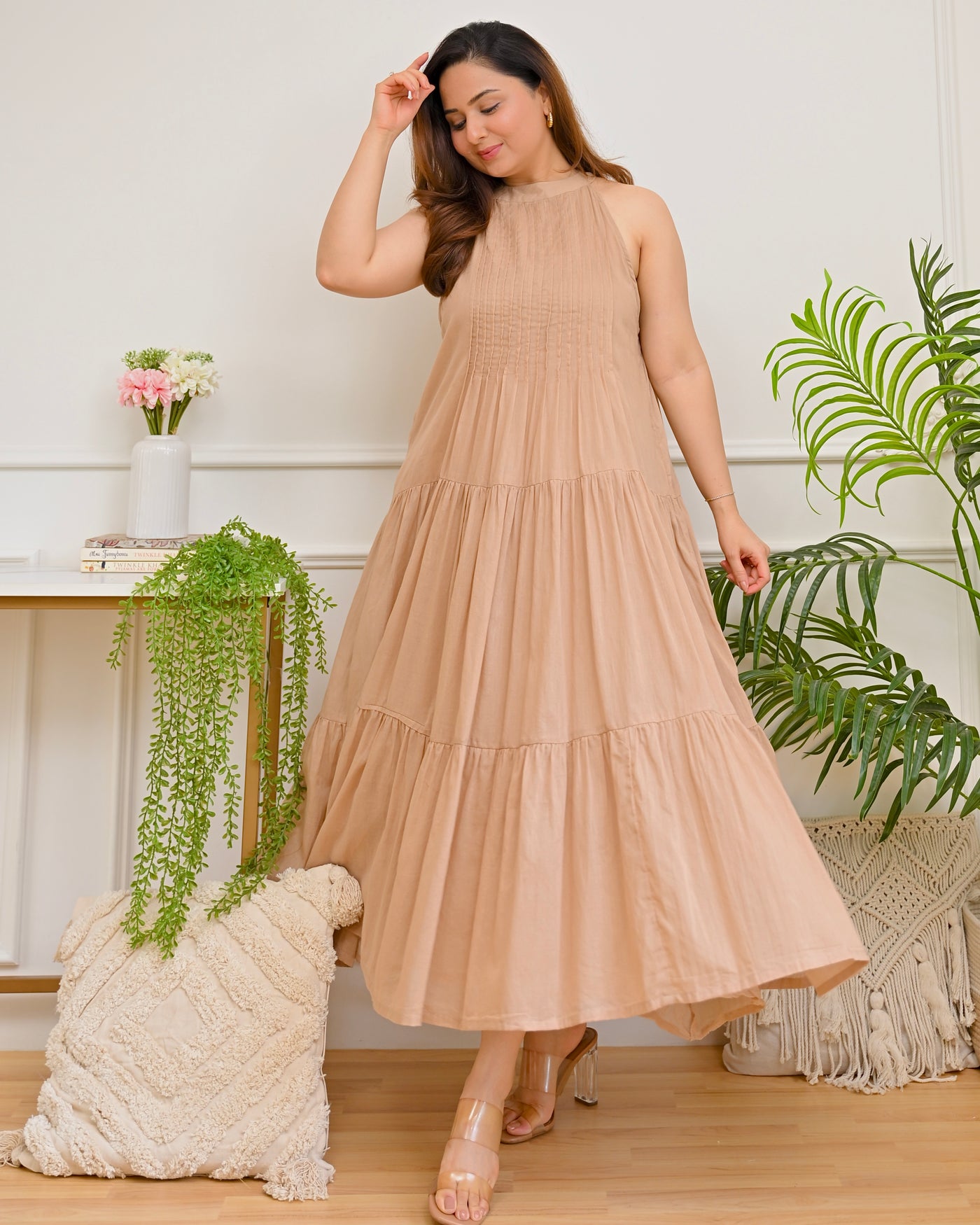 Latte Breeze Tiered Cotton A Line Dress