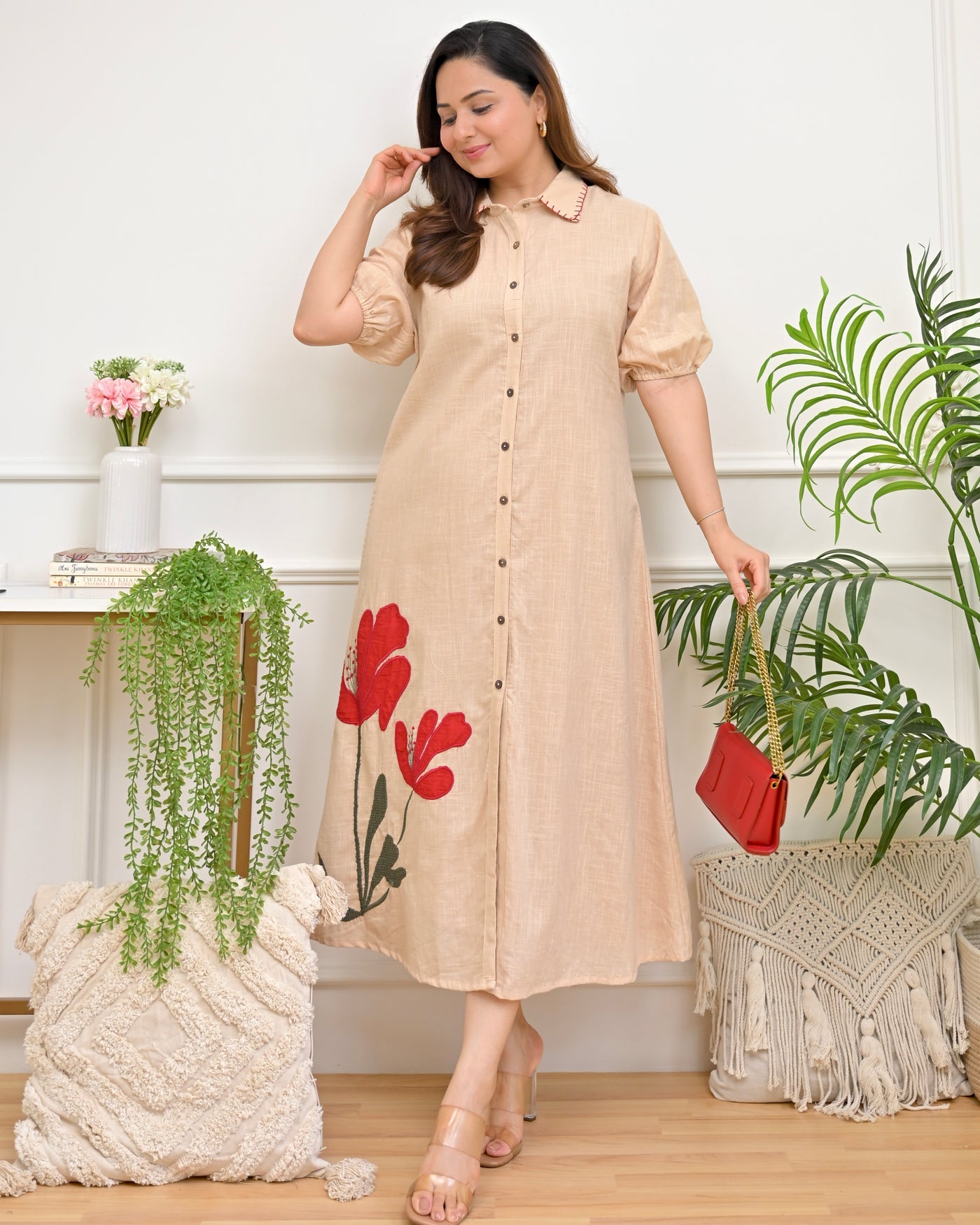Maple Muse Scarlet Petals Cotton A Line Dress