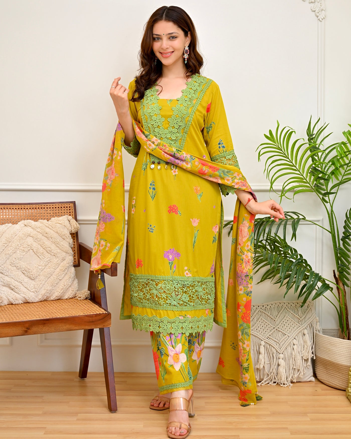 Lime Botanical Bloom Cotton Pakistani Suit