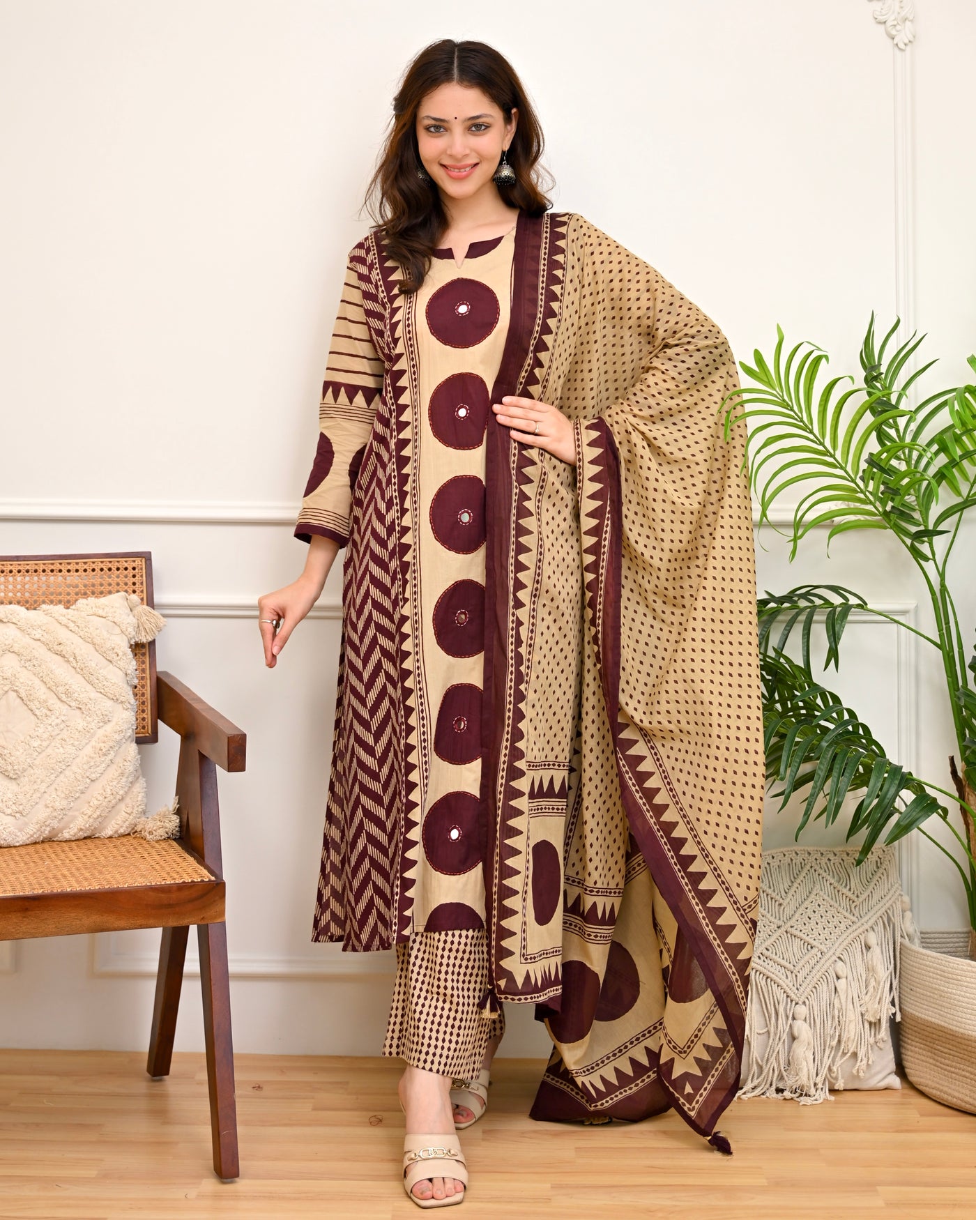 Ivory Wine Ikat Kantha Mirror Cotton Suit