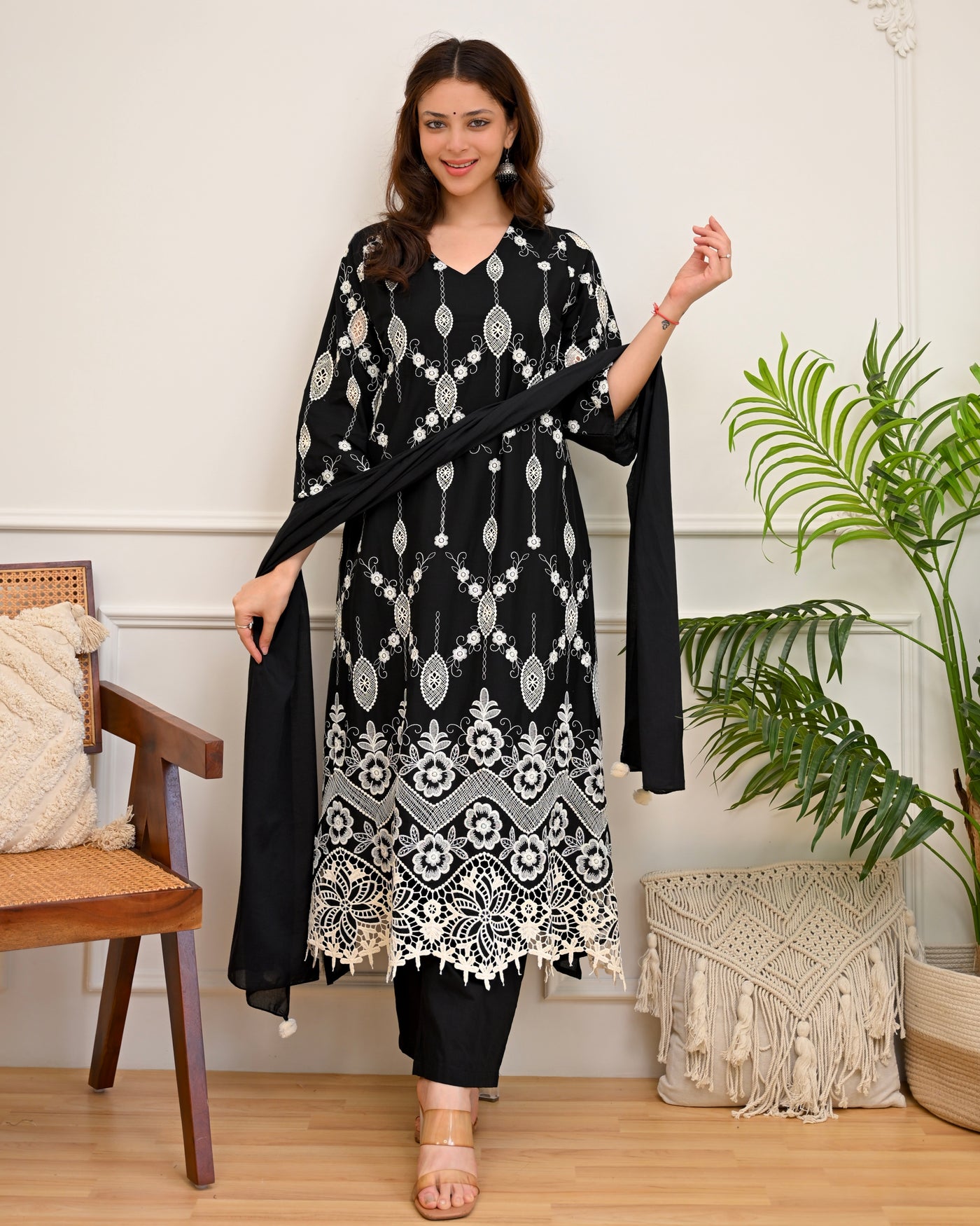 Black Schiffli Cotton Pakistani Suit