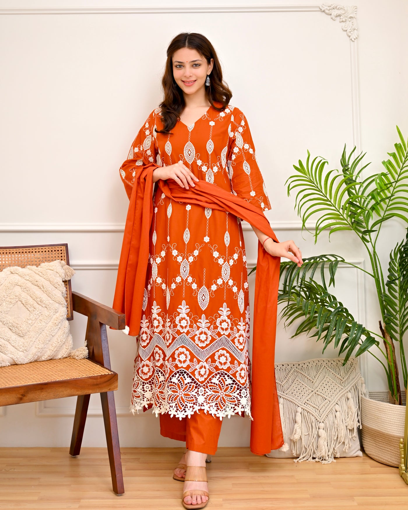 Orange Schiffli Cotton Pakistani Suit