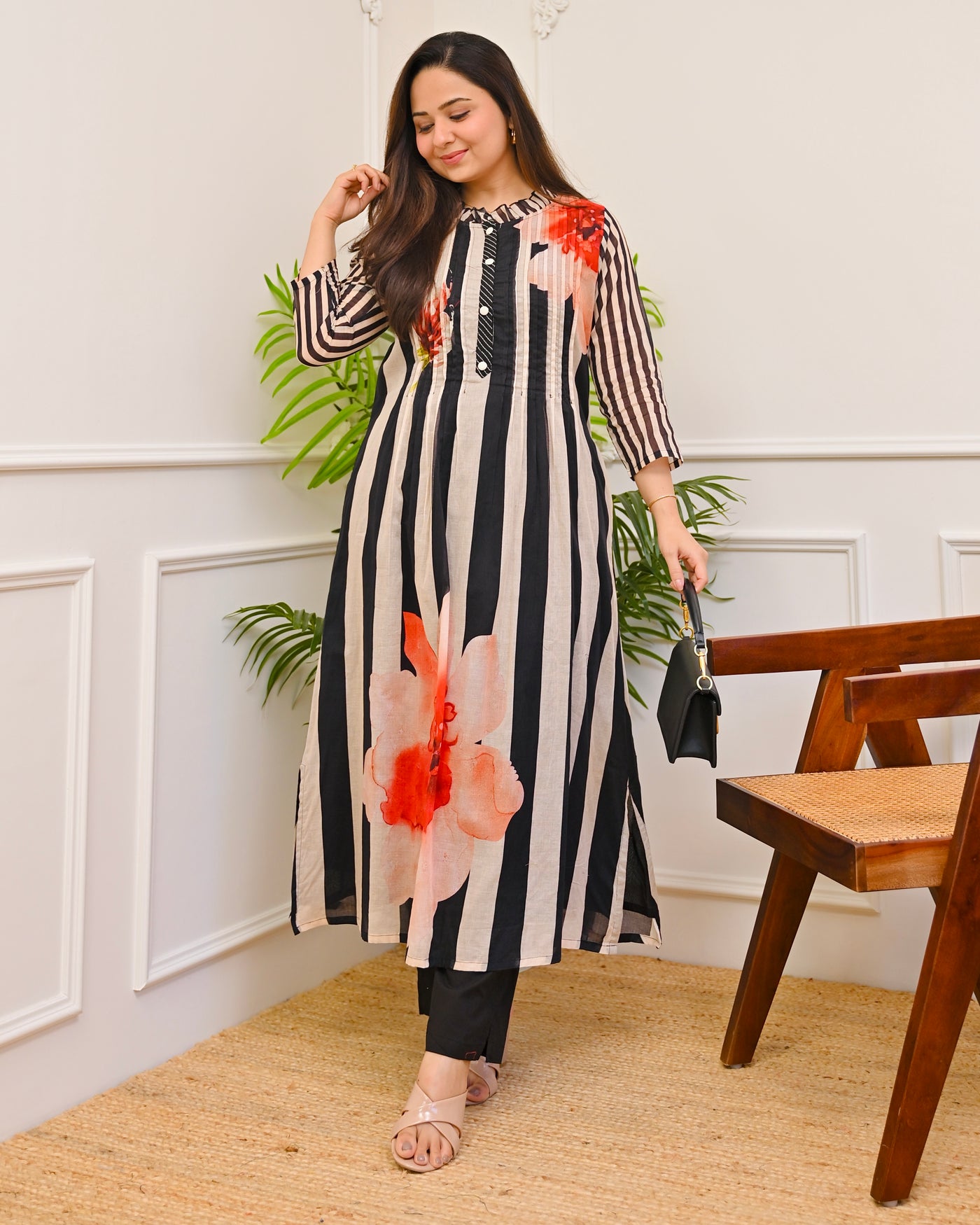 Evening Botanica Stripes Mul Cotton A Line Kurta Set