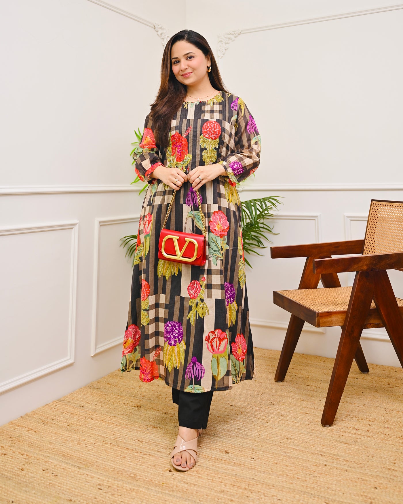 Charcoal Floral Symphony Mul Cotton A Line Kurta Set