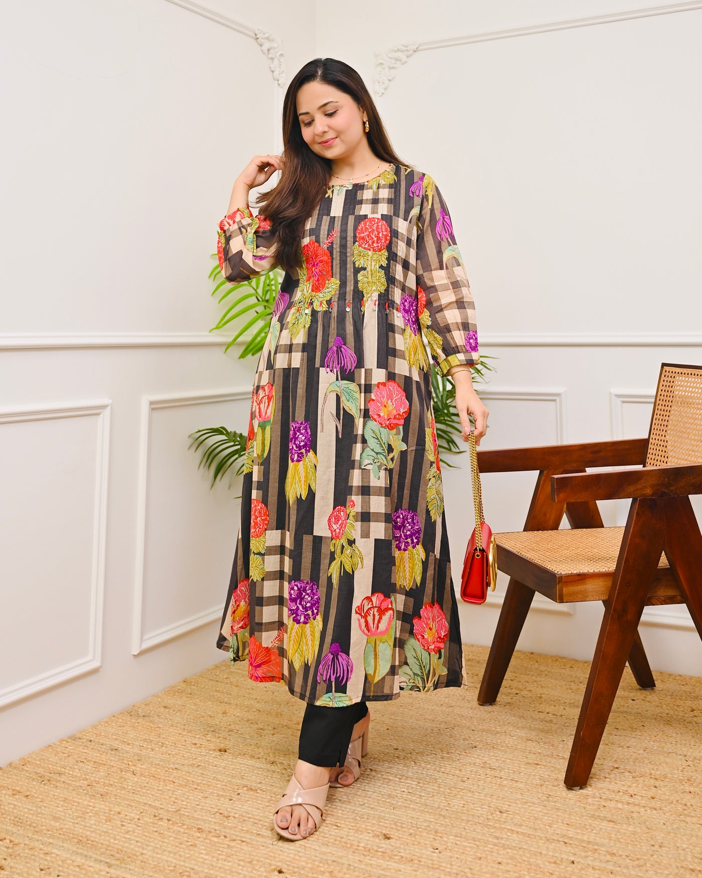 Charcoal Floral Symphony Mul Cotton A Line Kurta Set