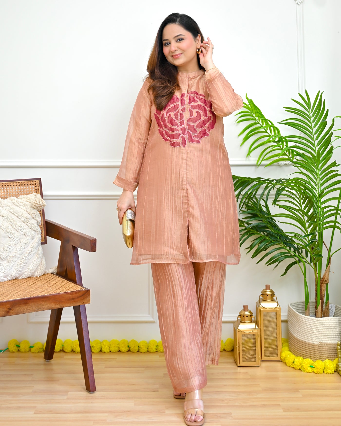 Peach Petals Crush Tissue Applique Festive Co-ord