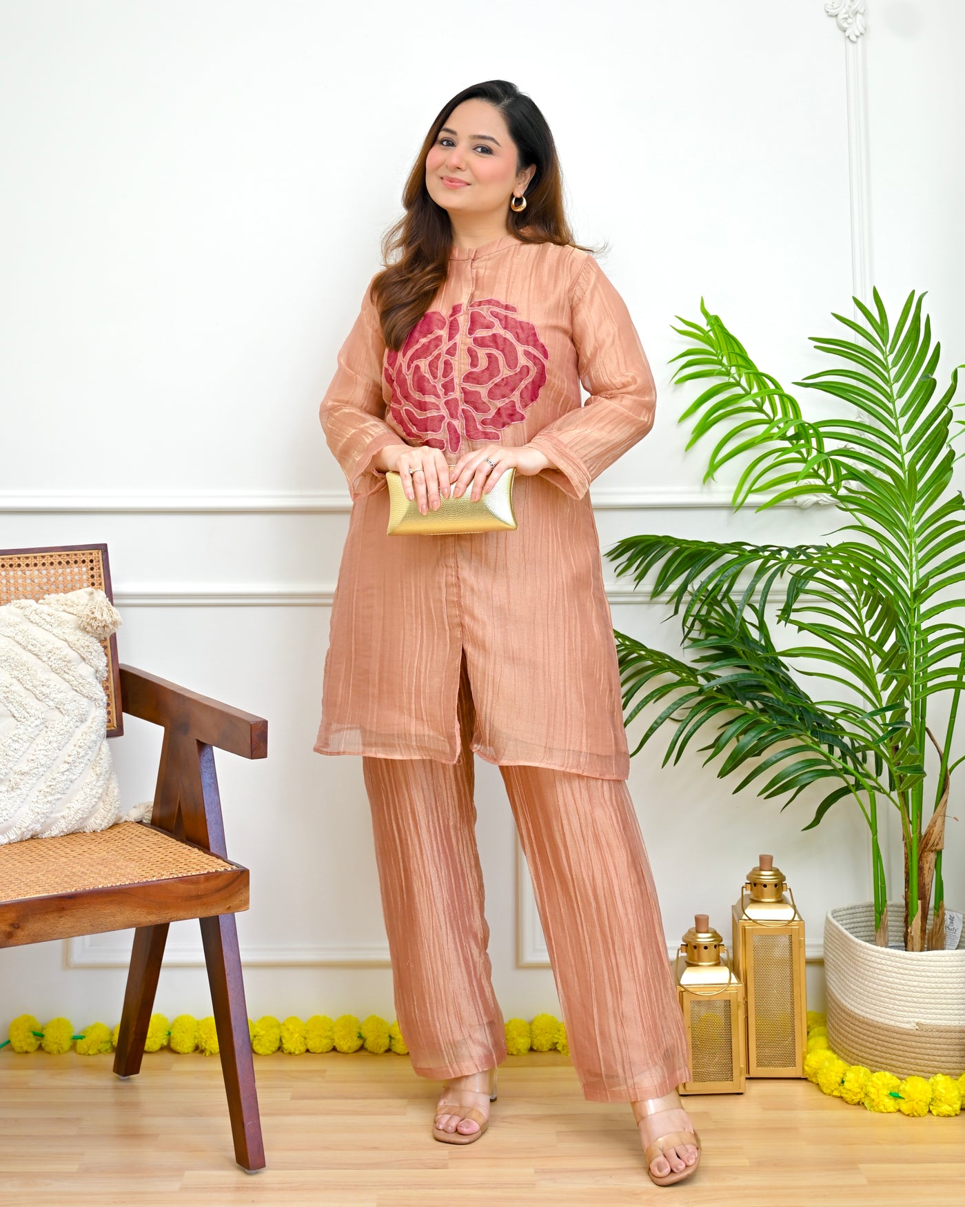 Peach Petals Crush Tissue Applique Festive Co-ord
