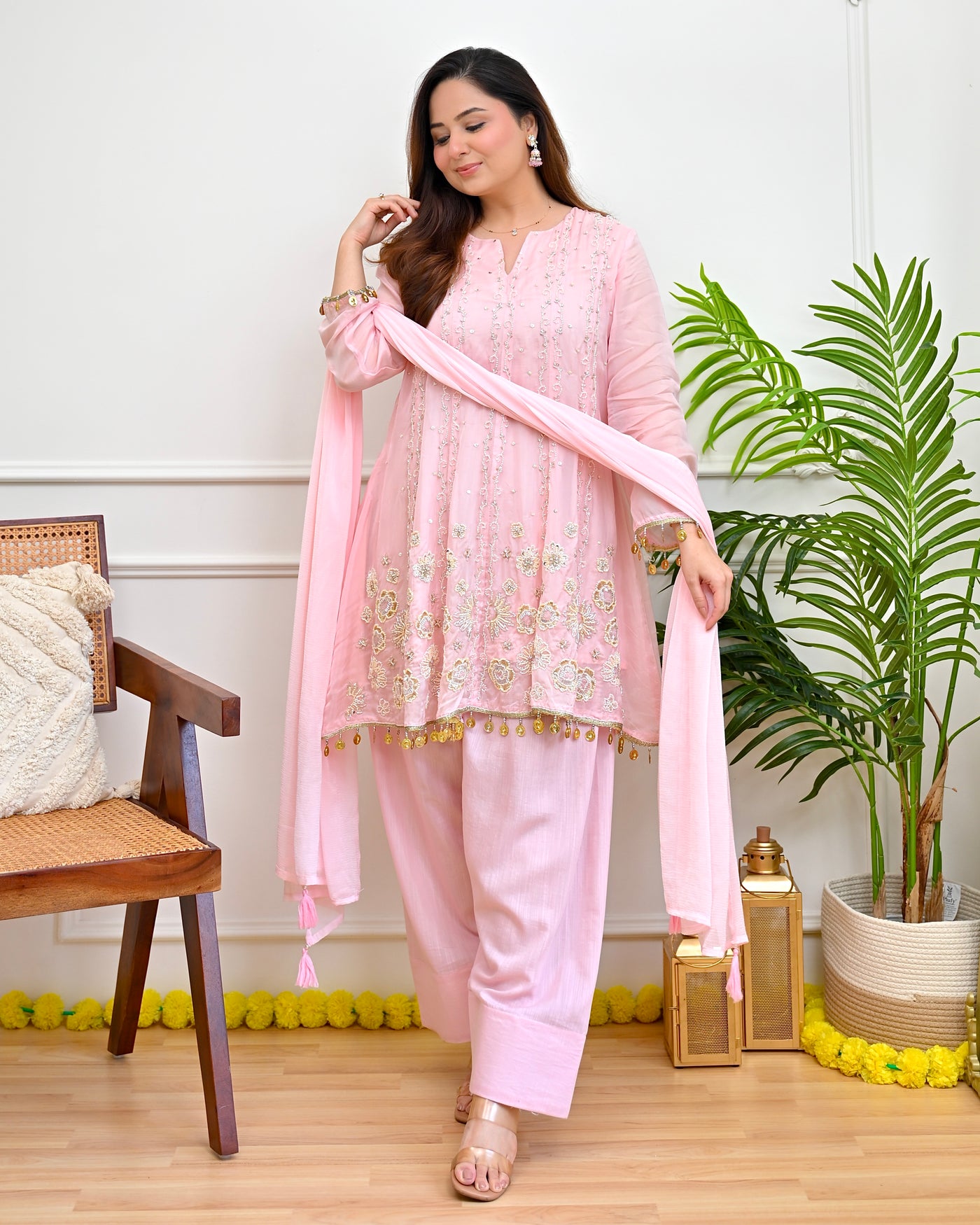 Blush Chandni Noor Linen Silk Handwork Farshi Suit