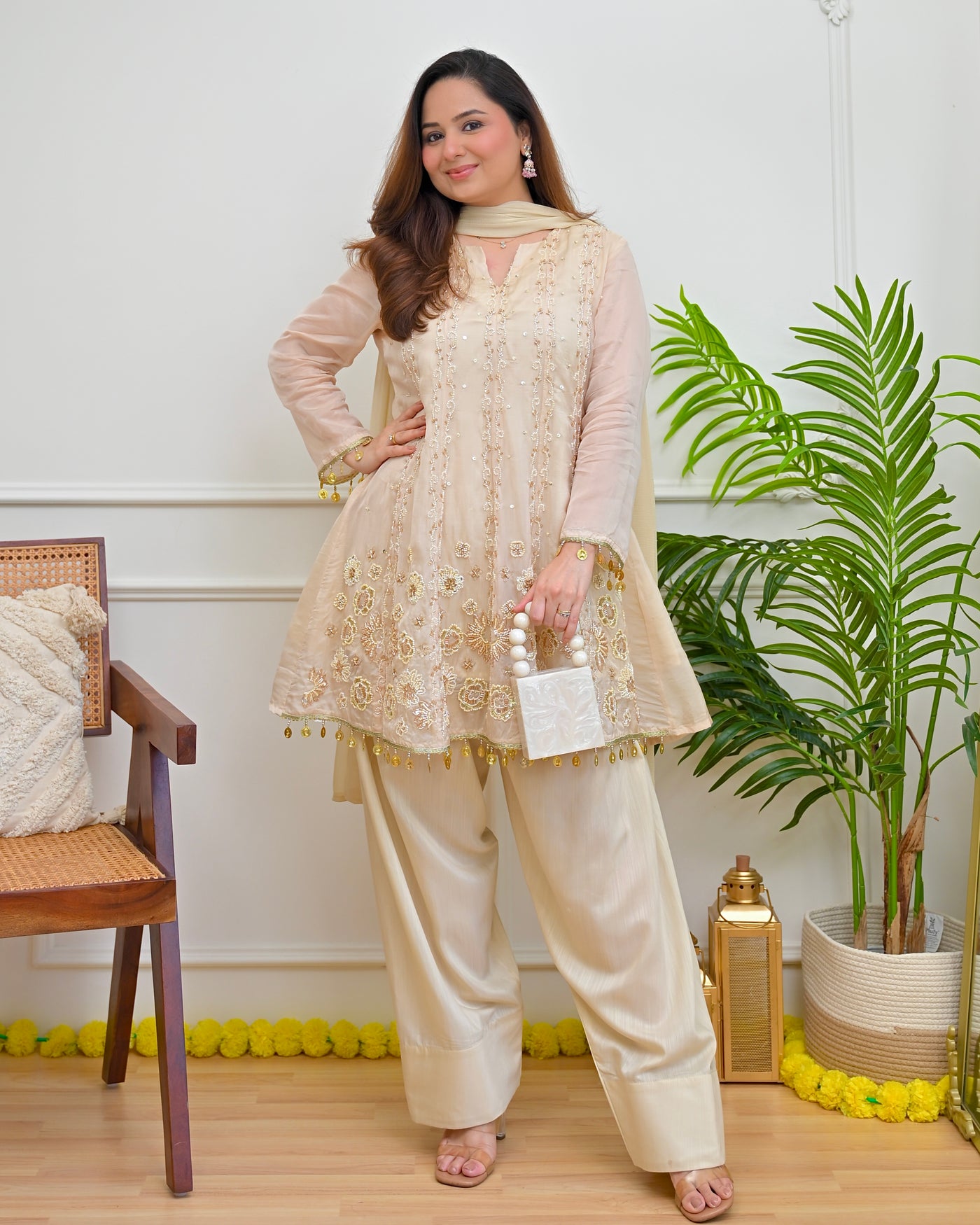 Ivory Chandni Noor Linen Silk Handwork Farshi Suit