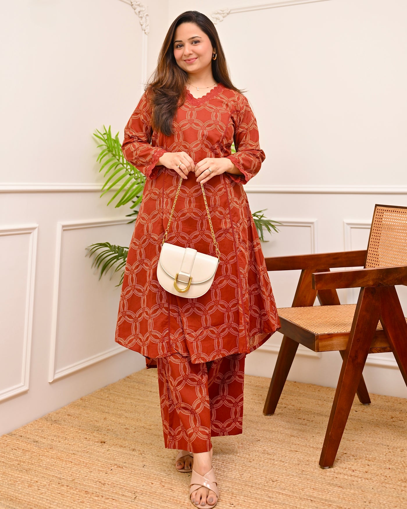 Terracotta Charm Circles A Line Cotton Kurta Set