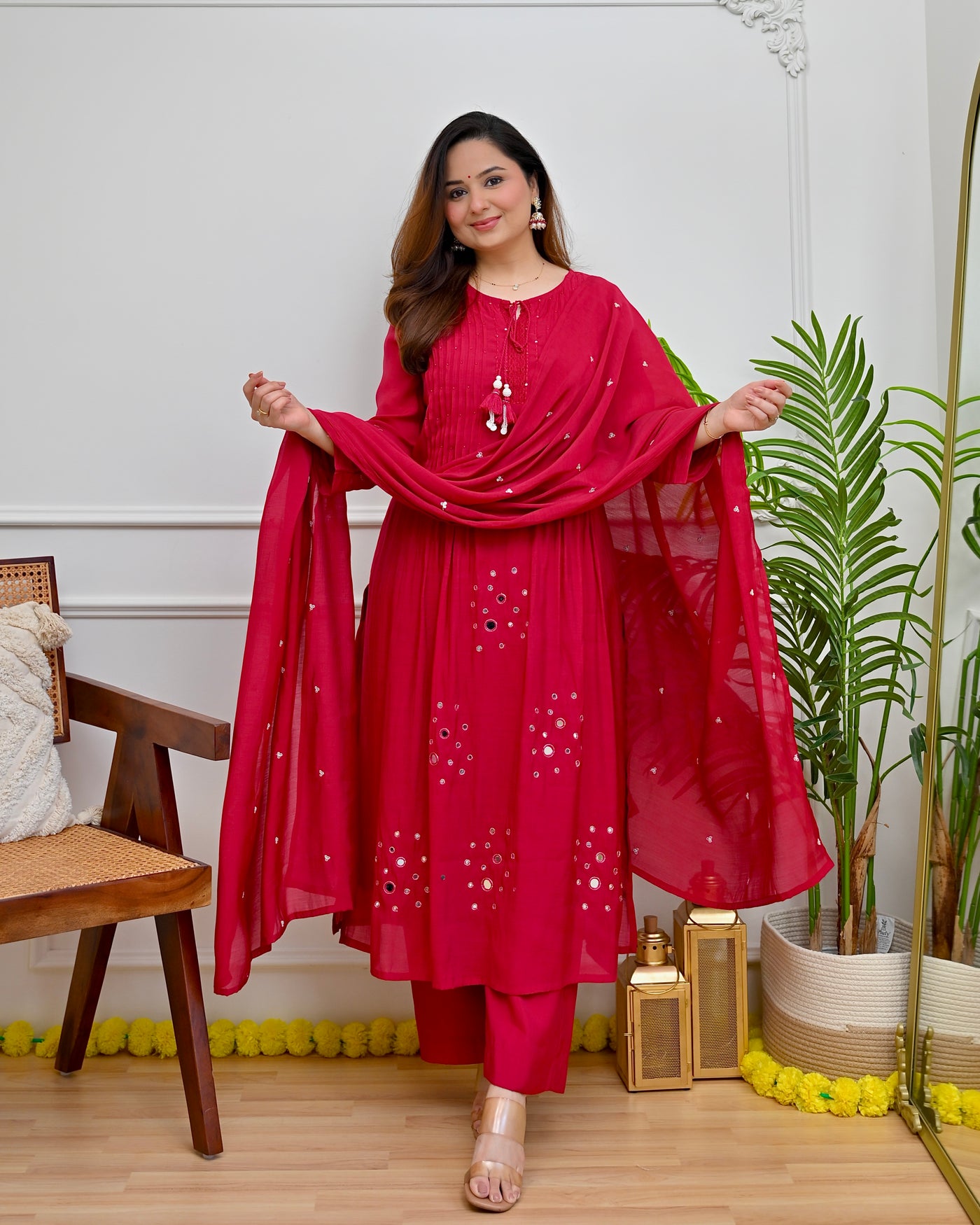 Pink Pankhuri Mirrorwork Mul Chanderi A Line Suit