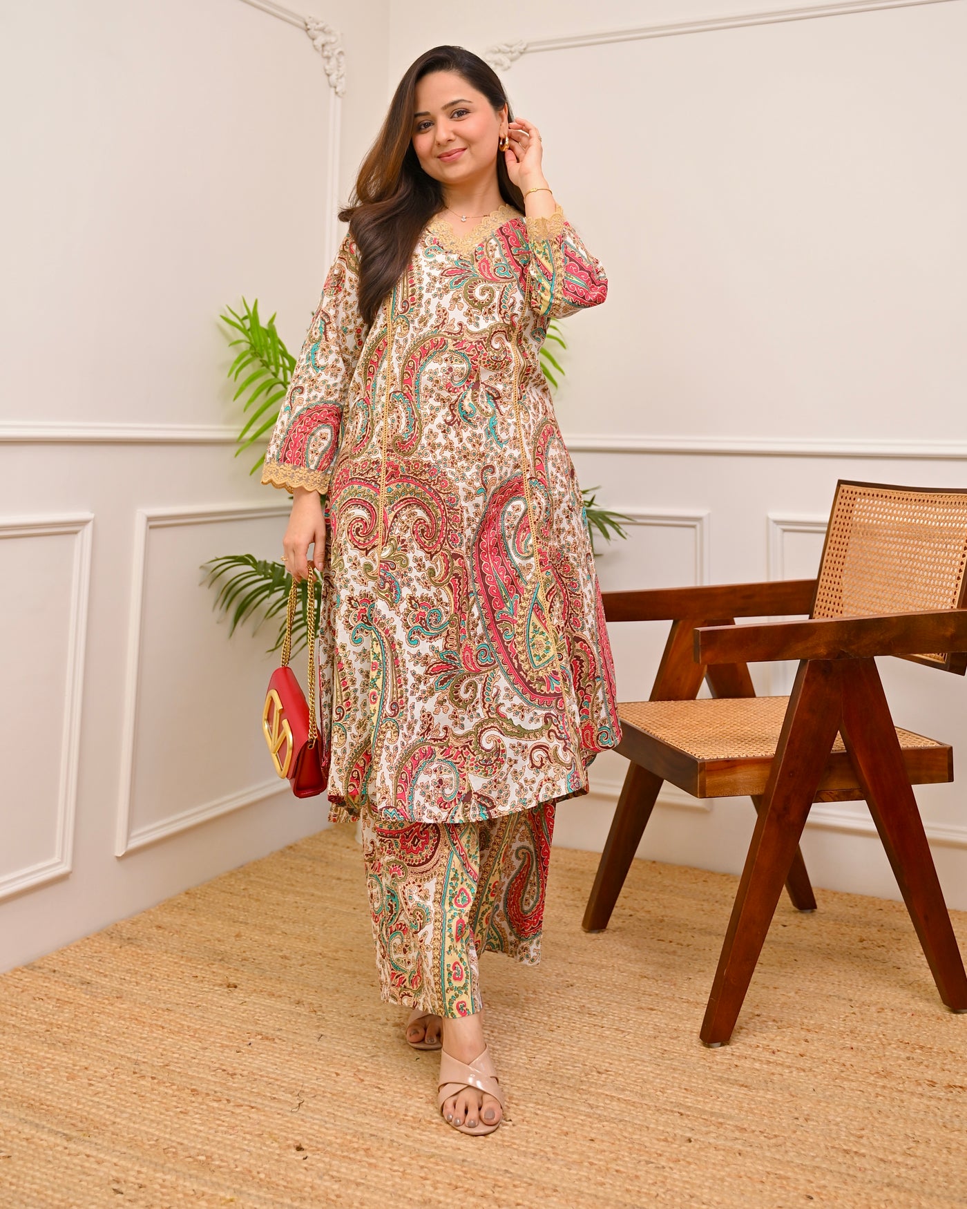 Ivory Multi Paisley A Line Cotton Kurta Set