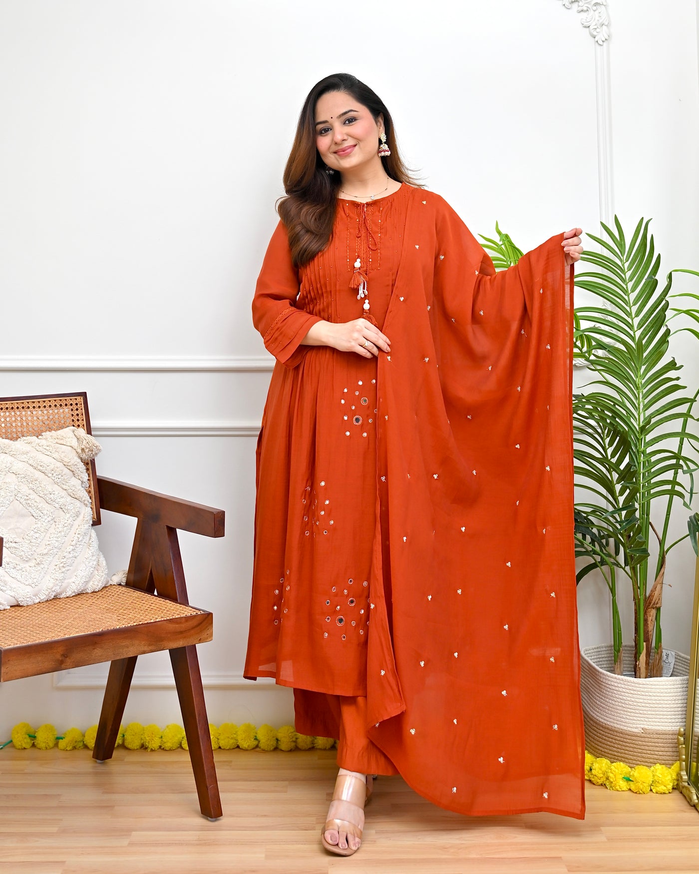 Orange Noor Mirrorwork Mul Chanderi A Line Suit