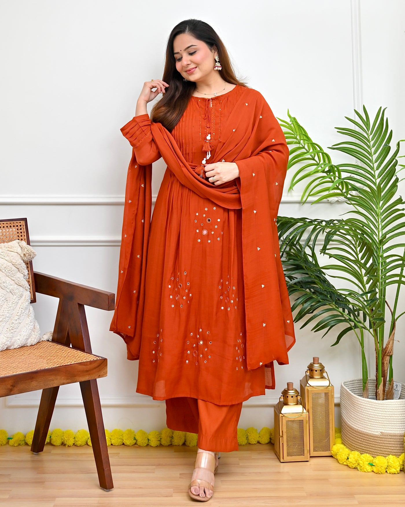 Orange Noor Mirrorwork Mul Chanderi A Line Suit