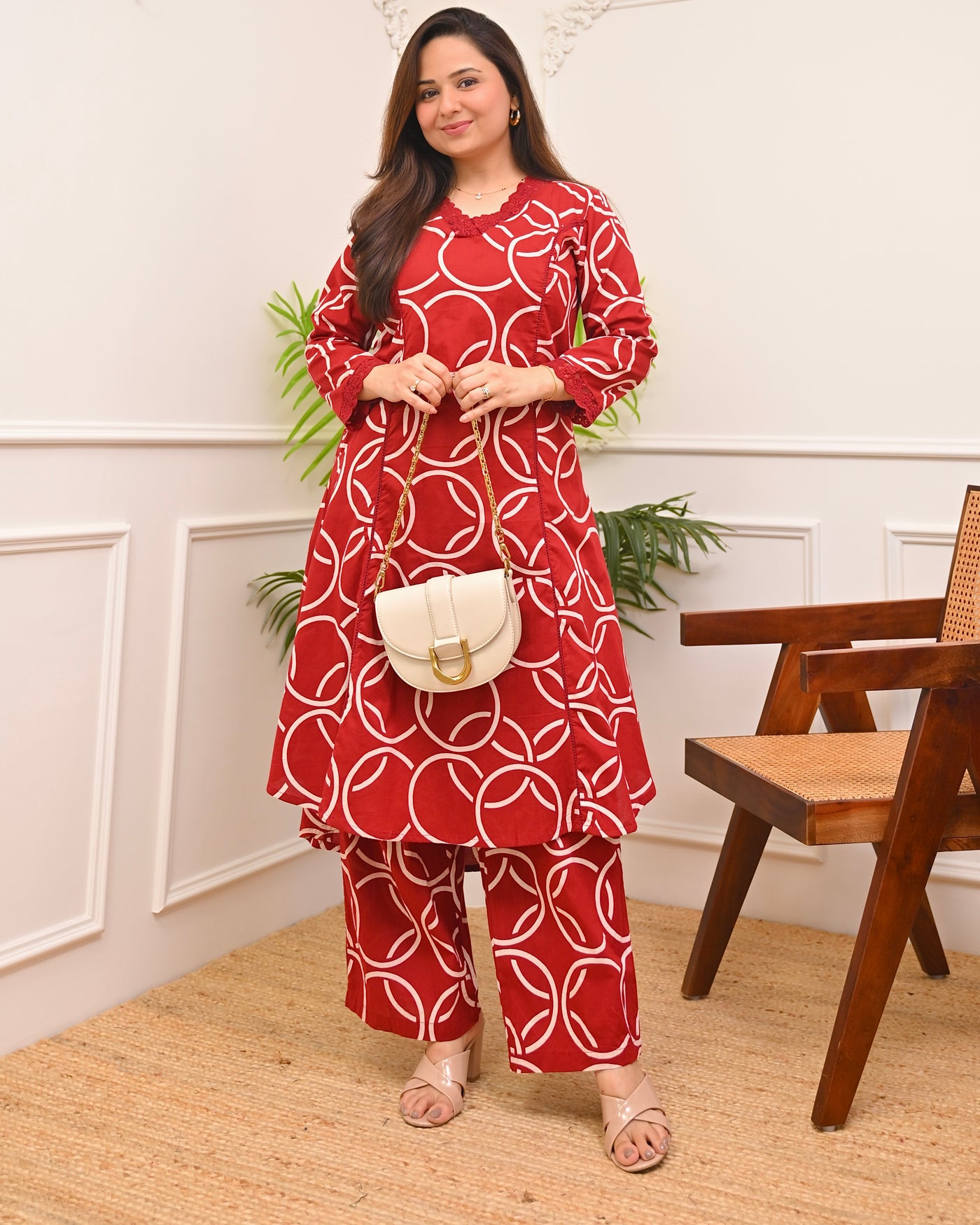 Mehroon Abstract Circles A Line Cotton Kurta Set
