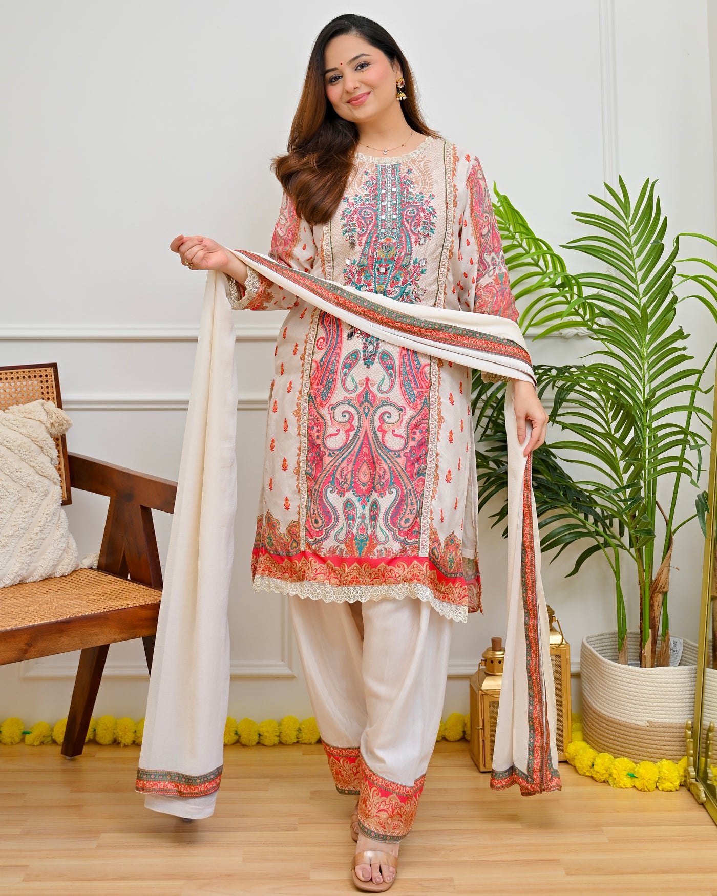 Ivory Gulnaar Paisley Muslin Festive Farshi Suit