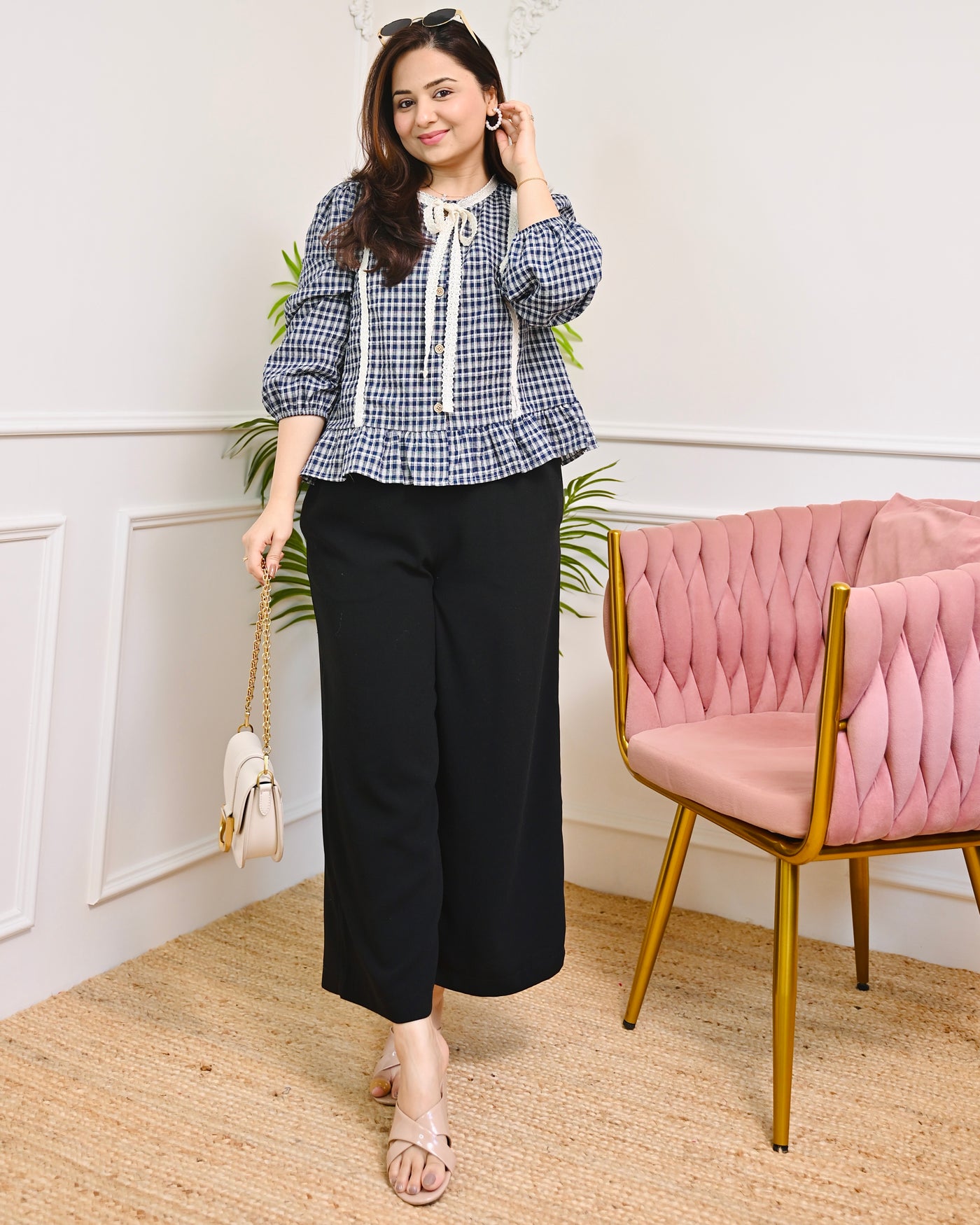 Urban Navy Checkered Korean Bow Top