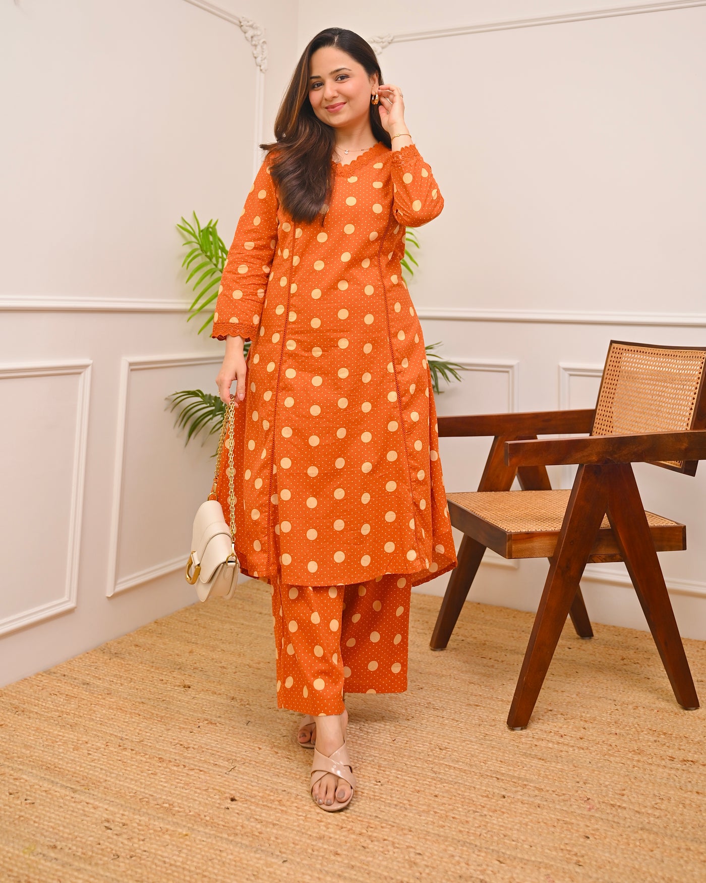 Orange Polka Dots A Line Cotton Kurta Set