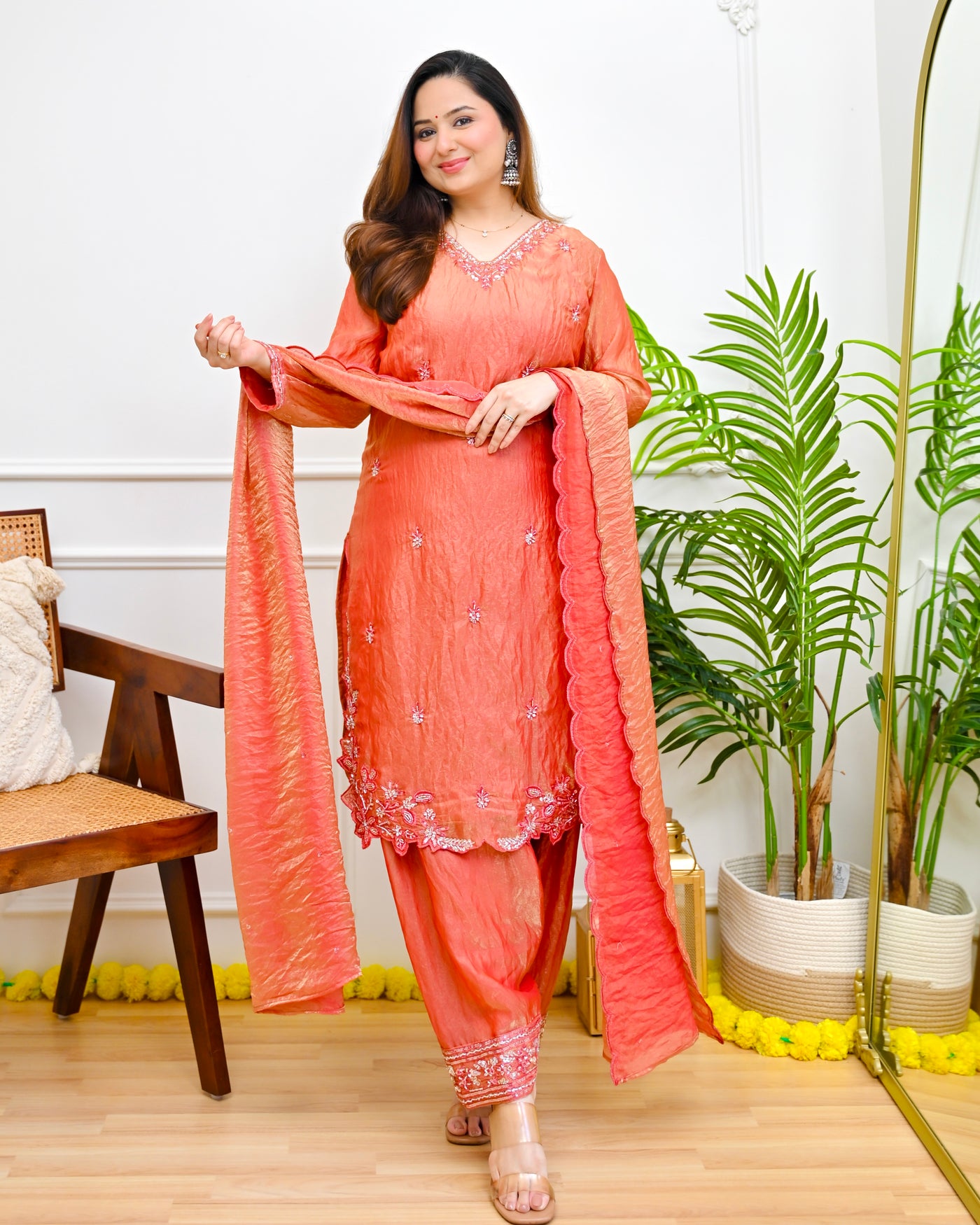 Coral Meher Silk Tissue Farshi Handwork Festive Suit