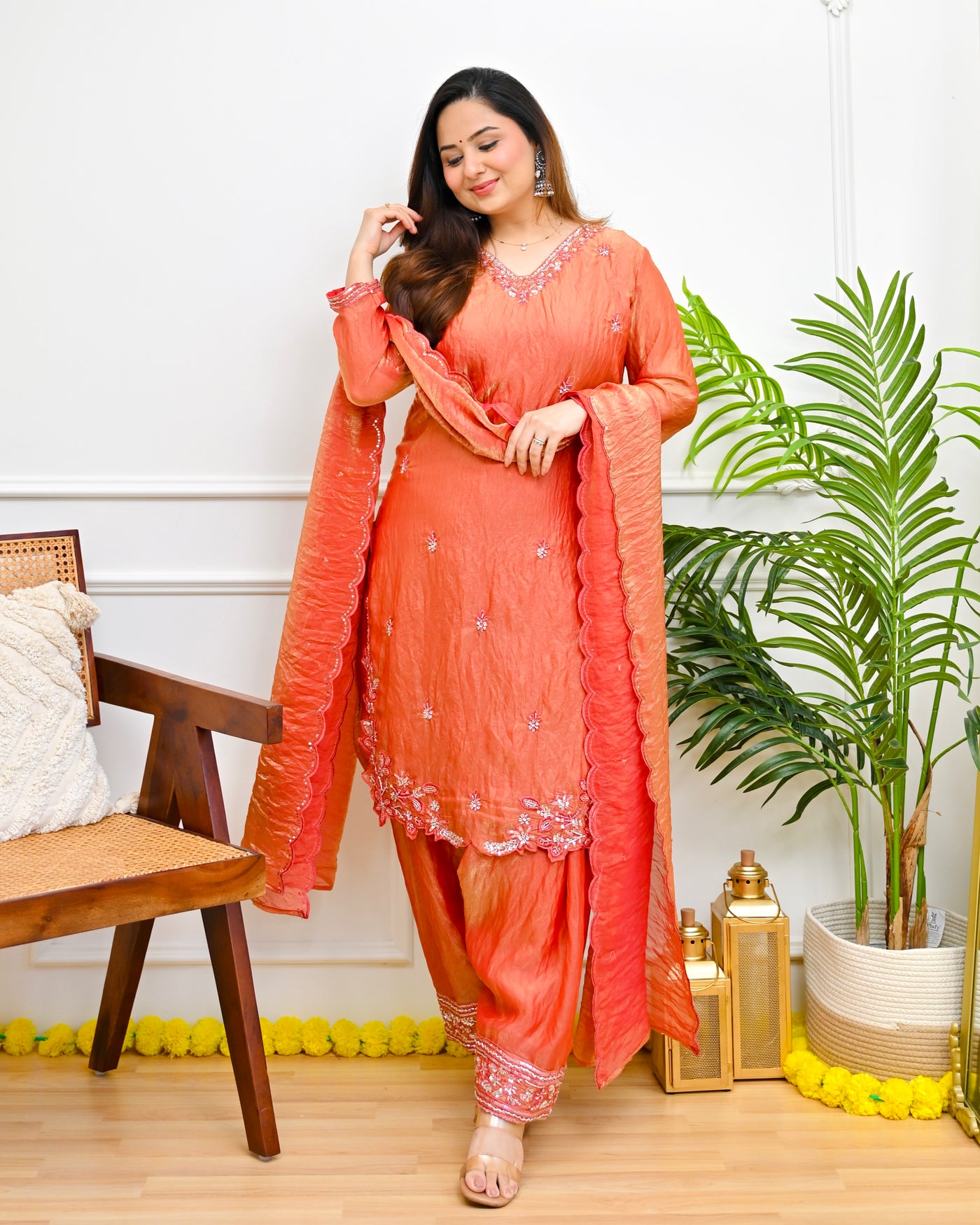 Coral Meher Silk Tissue Farshi Handwork Festive Suit