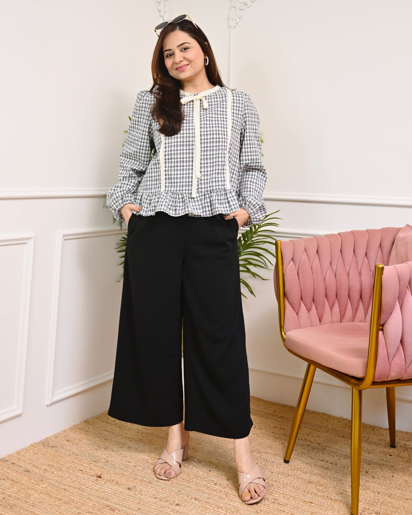 Noir Black Checkered Korean Bow Top