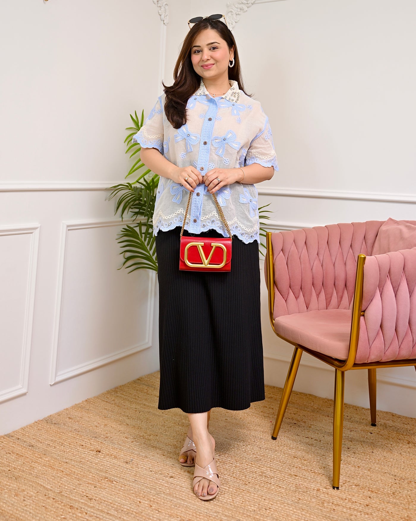 Blue Bow Bliss Diamond Threaded Shirt