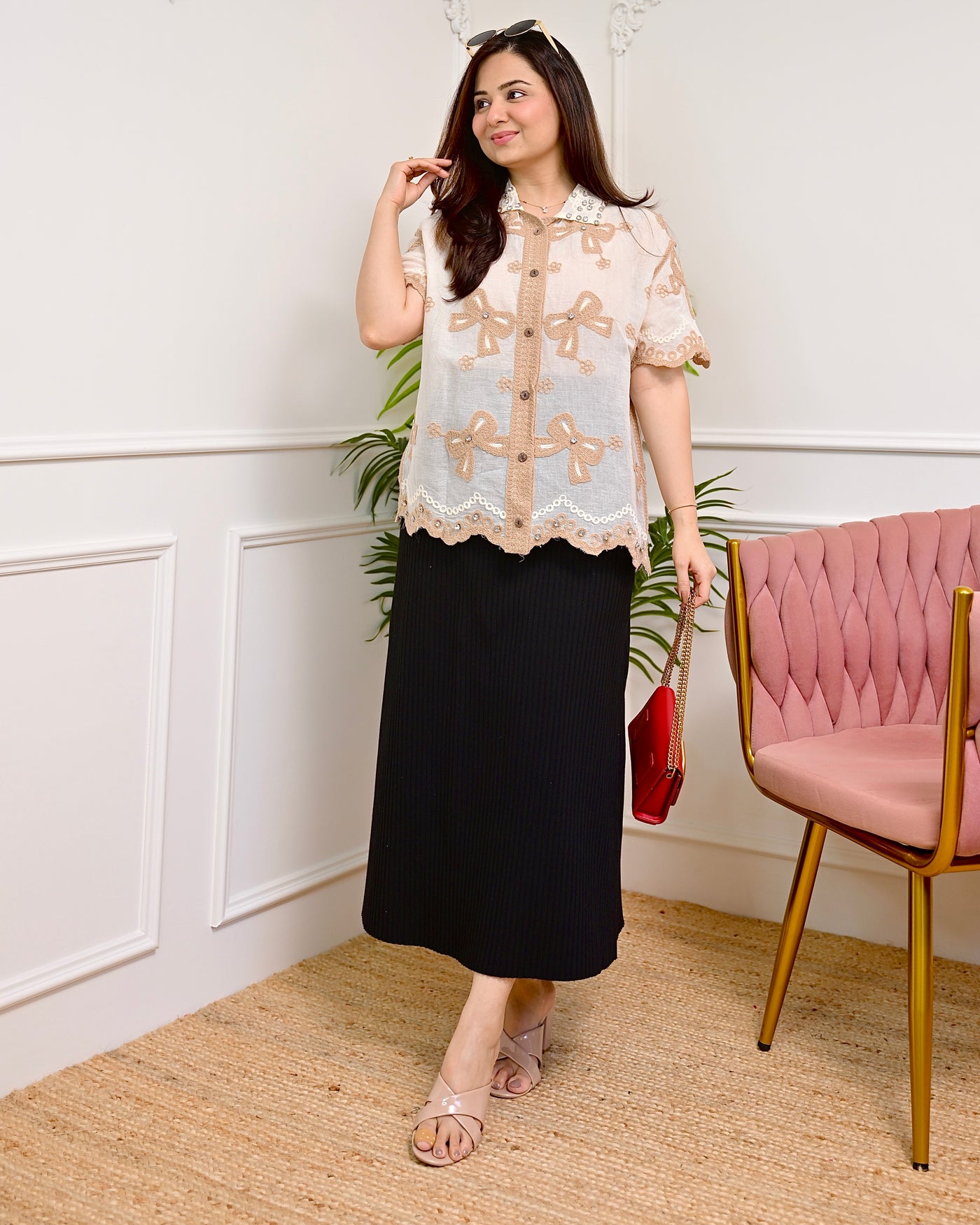 Beige Bow Bliss Diamond Threaded Shirt