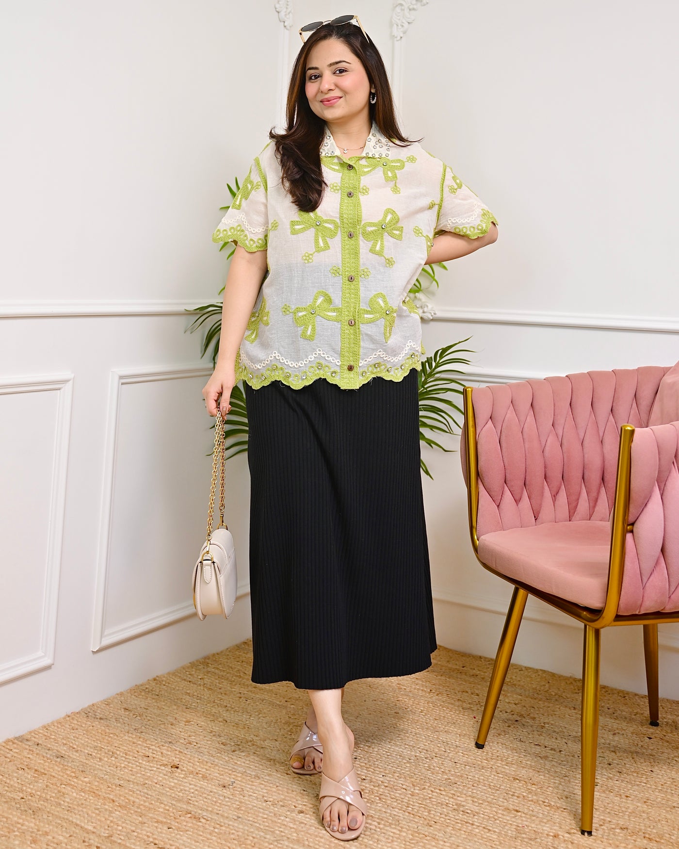 Green Bow Bliss Diamond Threaded Shirt