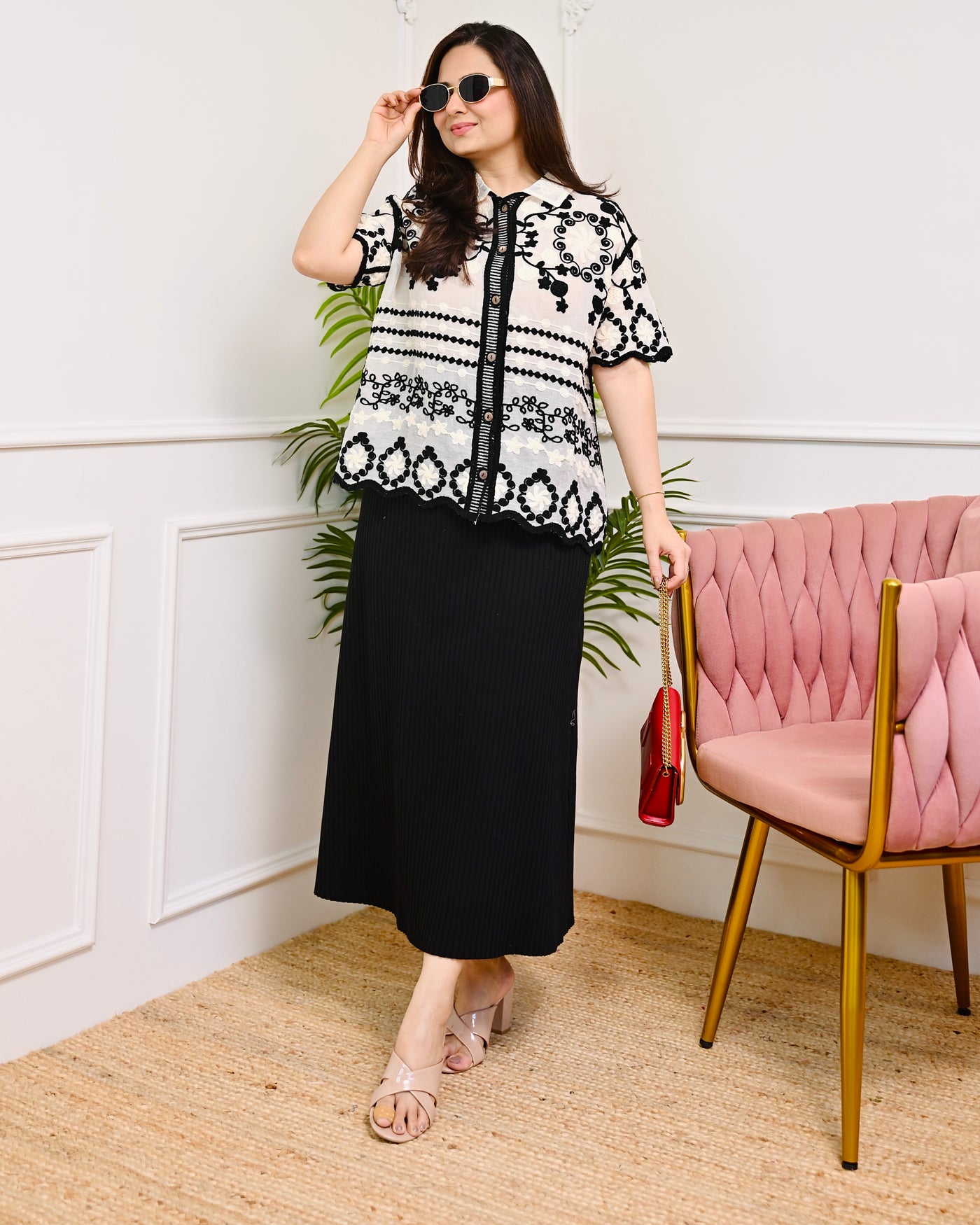 Monochrome Harmony Threaded Korean Shirt