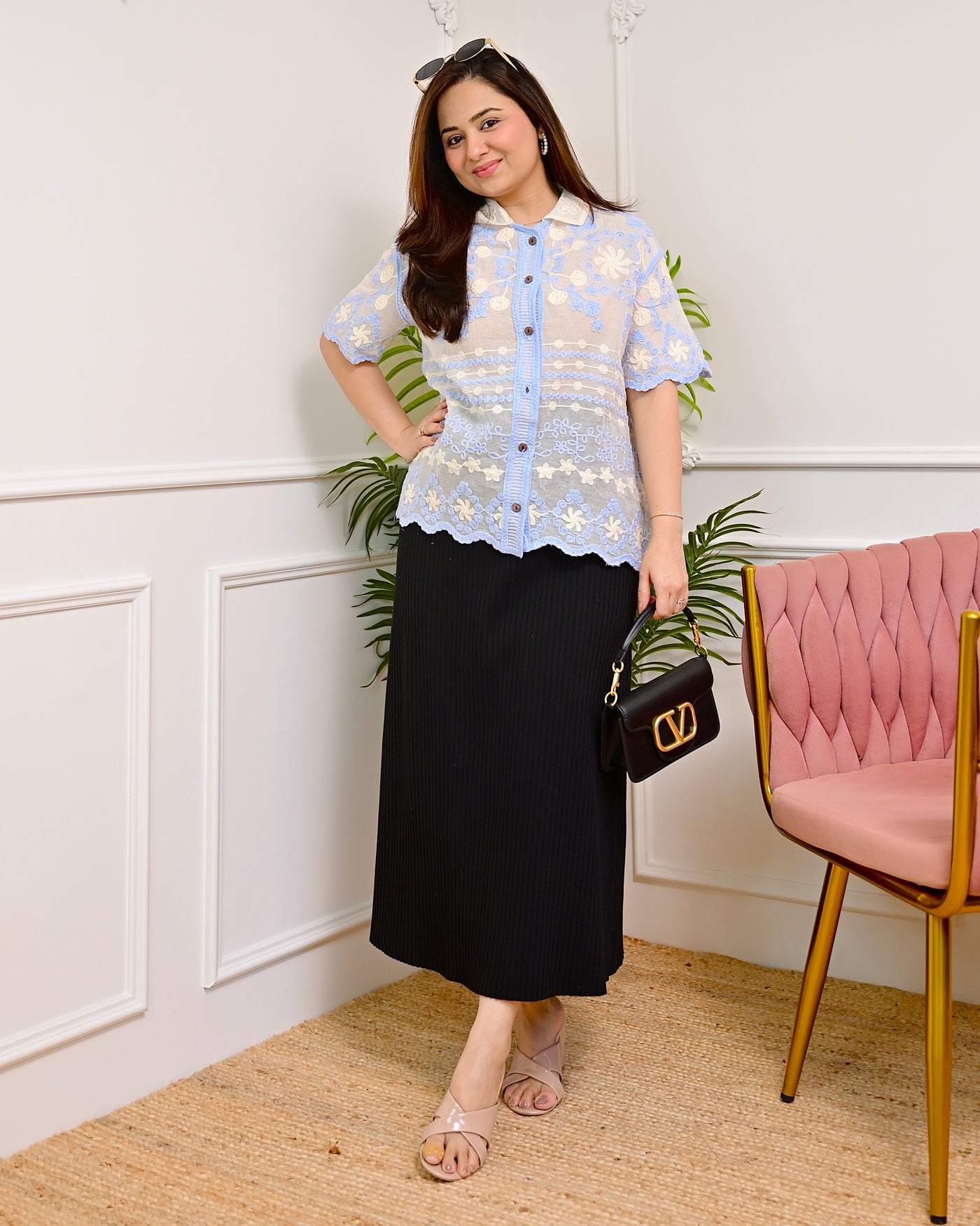 Ice Blue Harmony Threaded Korean Shirt