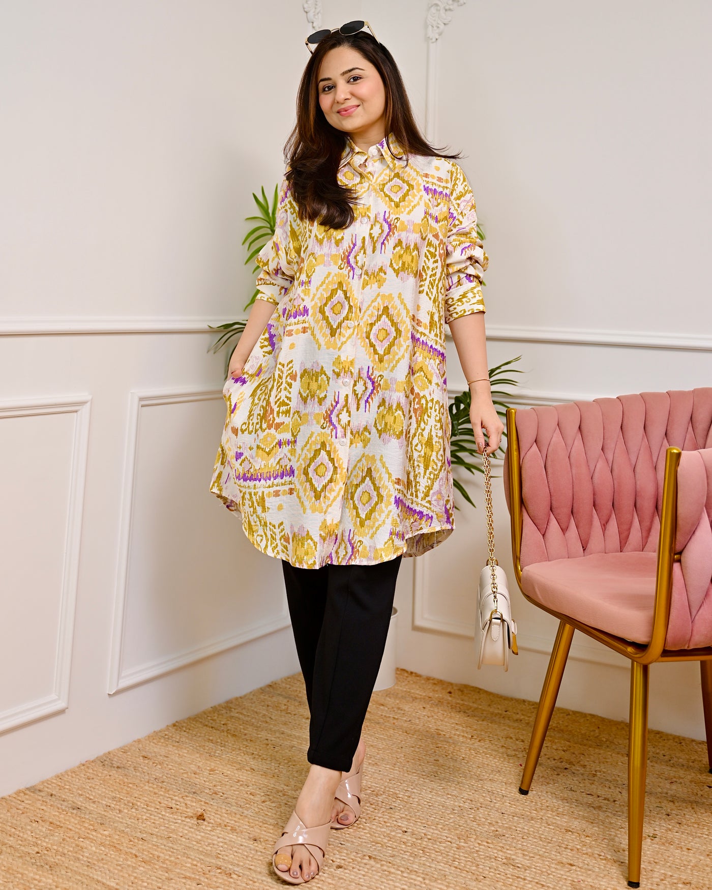 Mustard Lilac Ikat Charm Cotton Silk Tunic