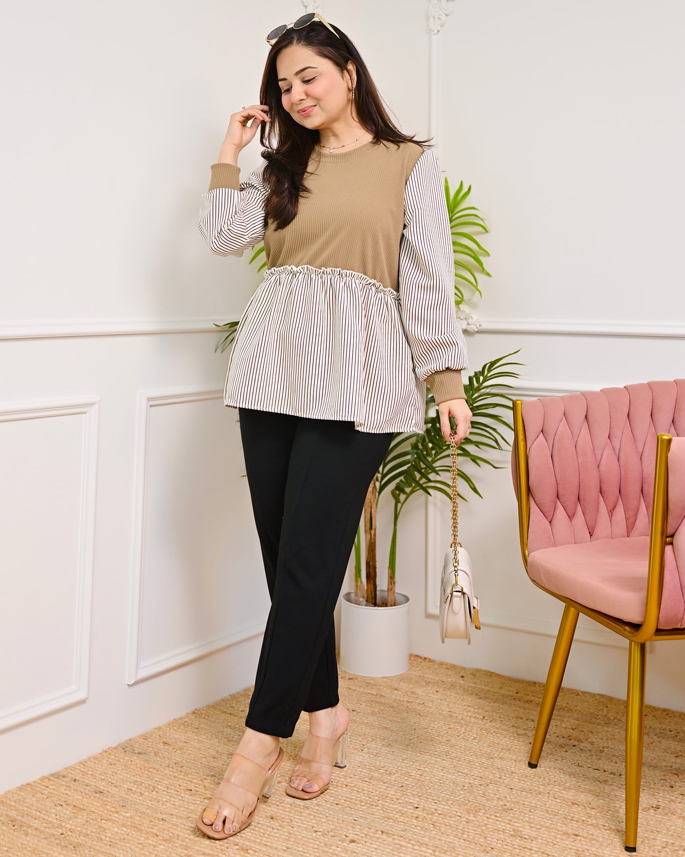 Striped Caramel Knitted Peplum Top