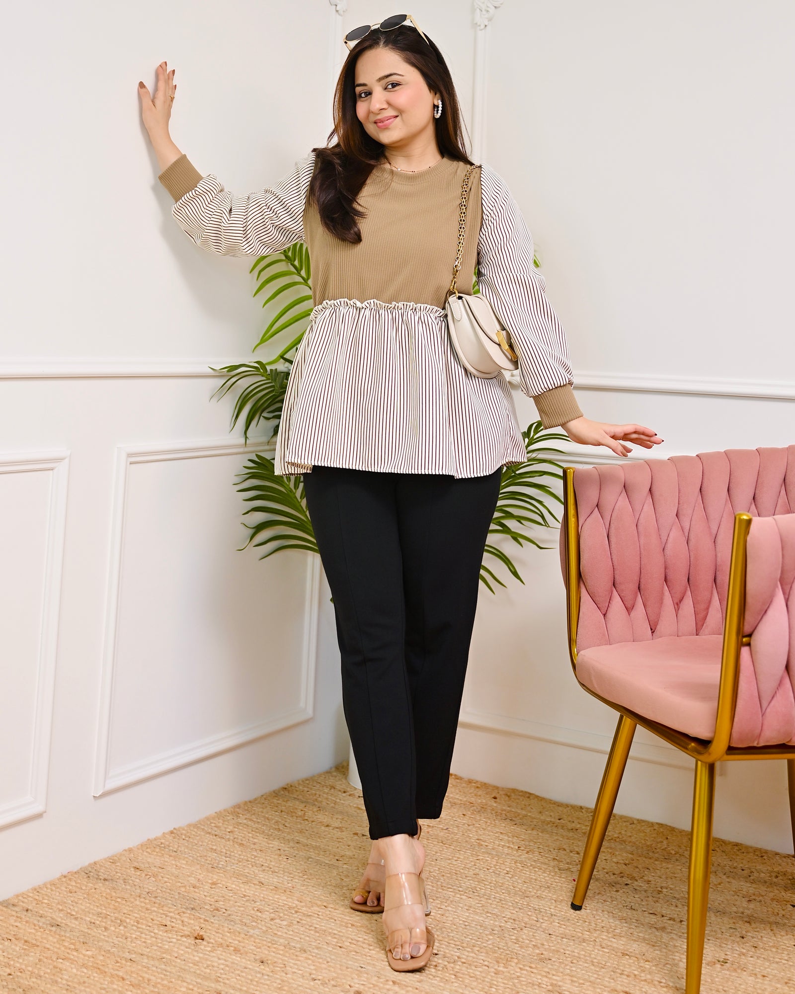 Caramel Striped Knitwear Premium Cotton Korean Peplum Luxe Top For