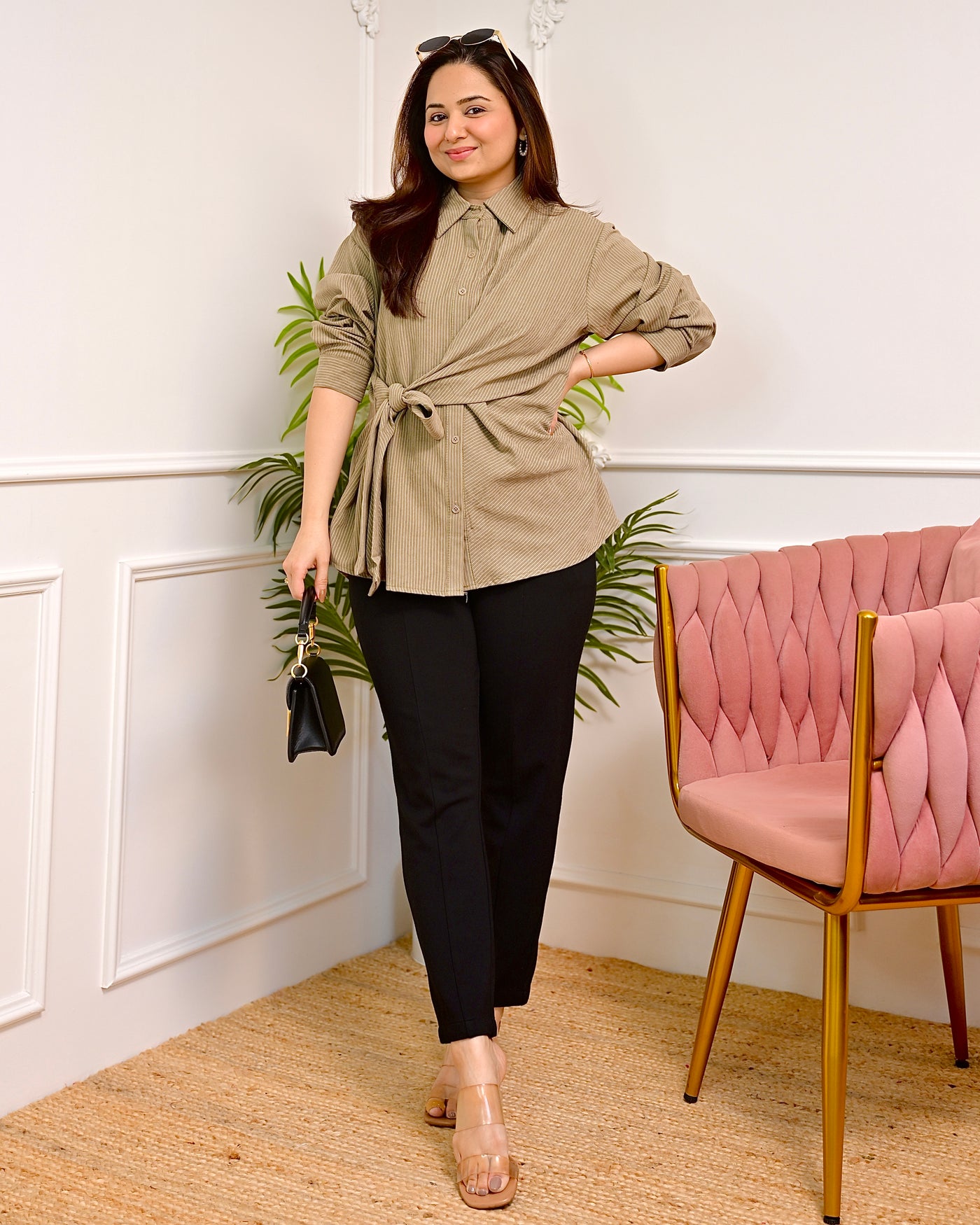 Toffee Striped Wrap Side Tie-Up Shirt