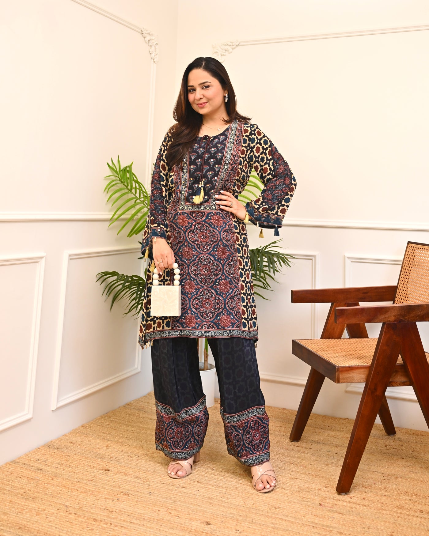 Blue Sheesh Mahal Ajrakh Crepe Farshi Co-ord