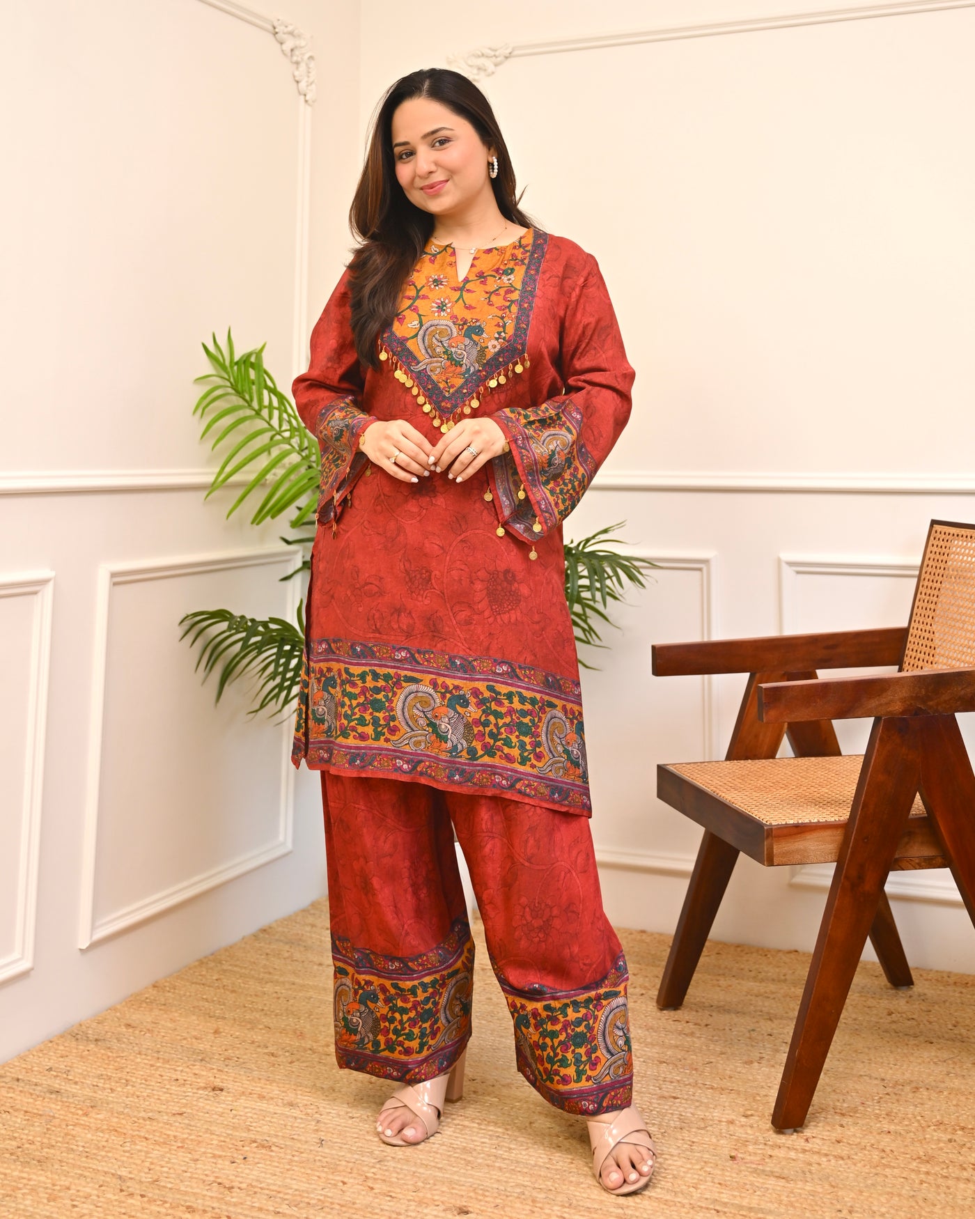 Zariya Deep Red Kalamkari Crepe Farshi Co-ord