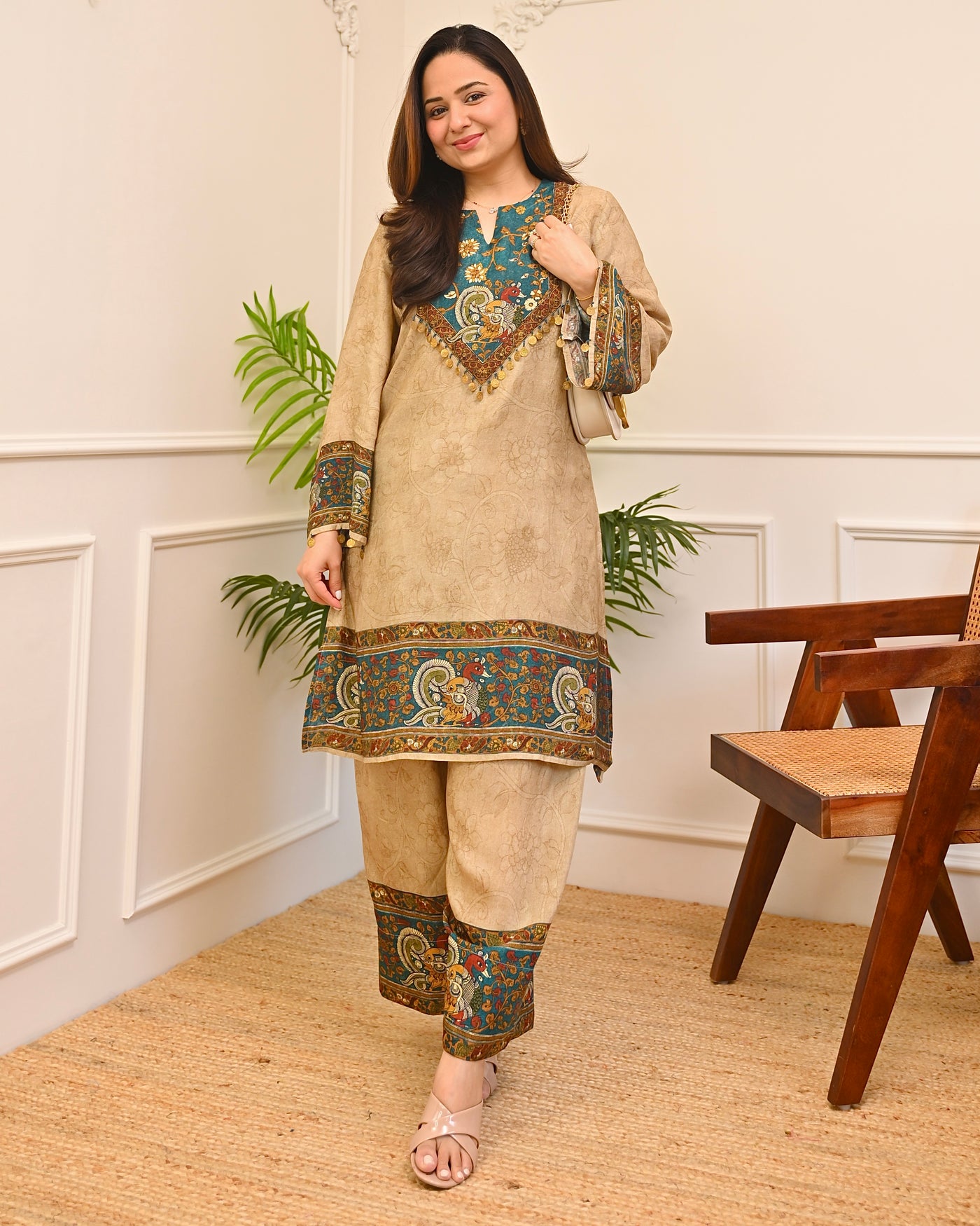 Mehr Beige Kalamkari Crepe Farshi Co-ord