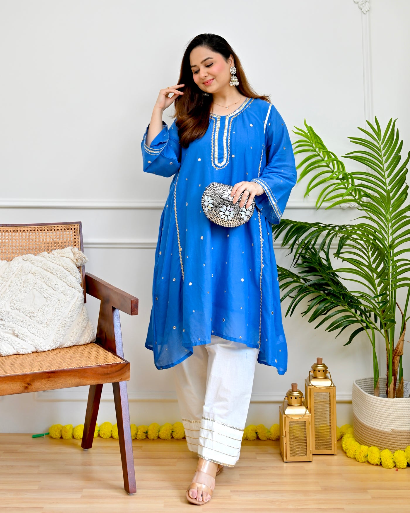 Cobalt Blue Mirror Mul Cotton A Line Kurta Set