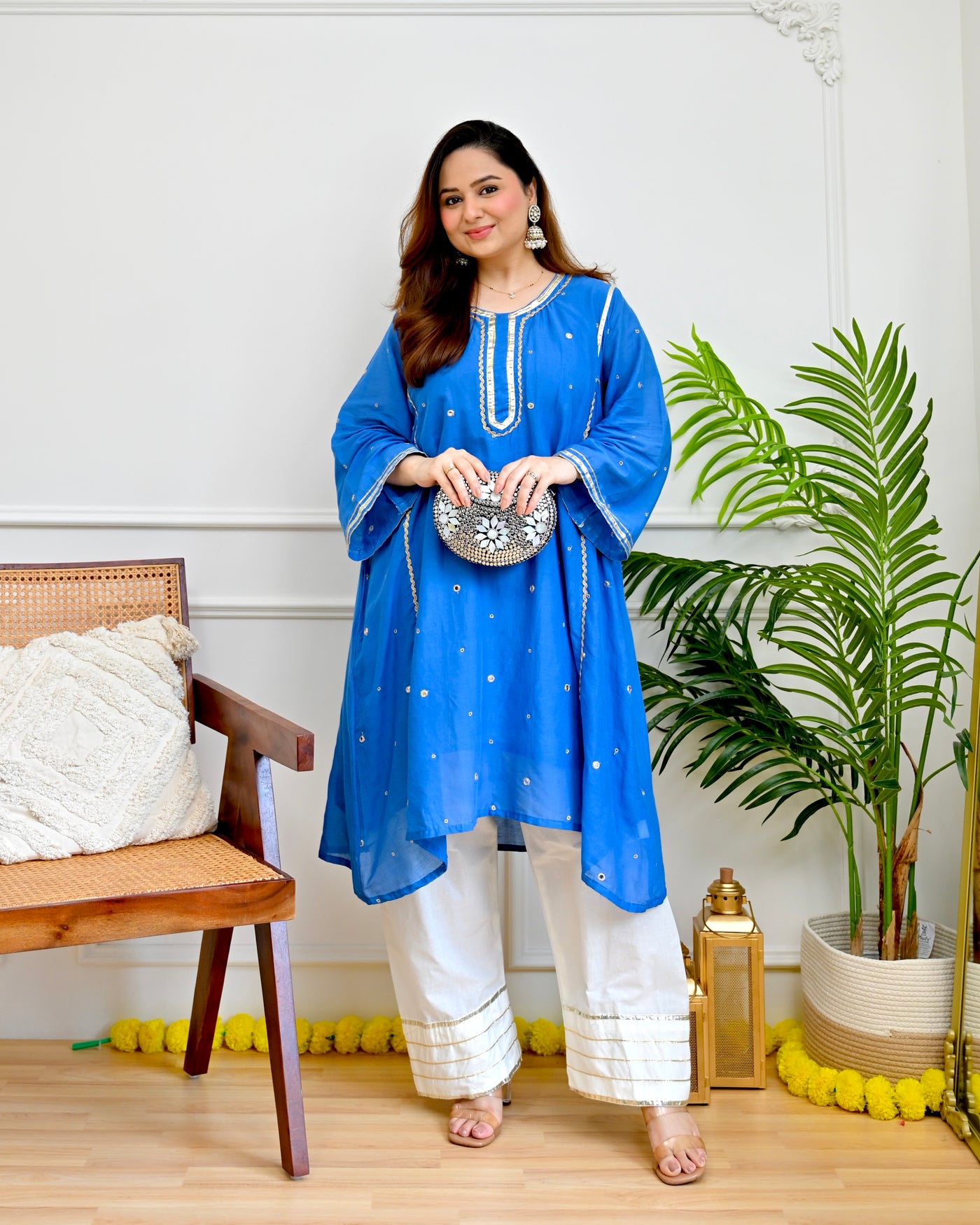 Cobalt Blue Mirror Mul Cotton A Line Kurta Set