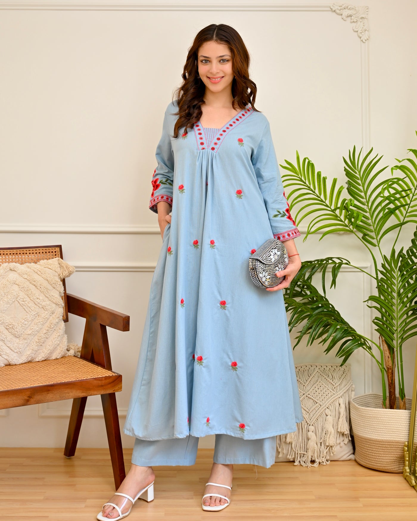 Powder Blue Rose Threadwork Cotton A Line Kurta Set
